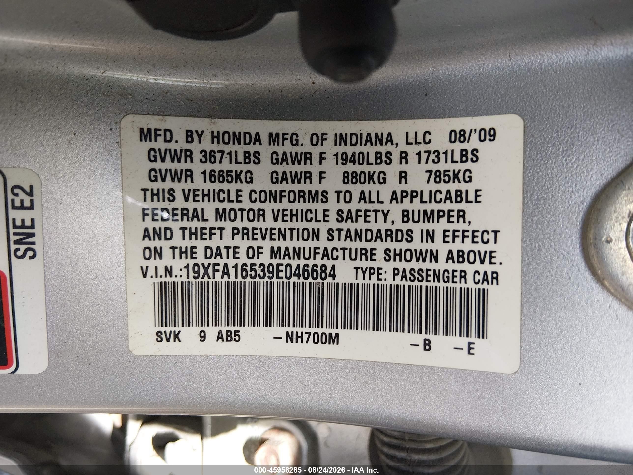 2009 Honda Civic Lx Серебряный vin: 19XFA16539E046684