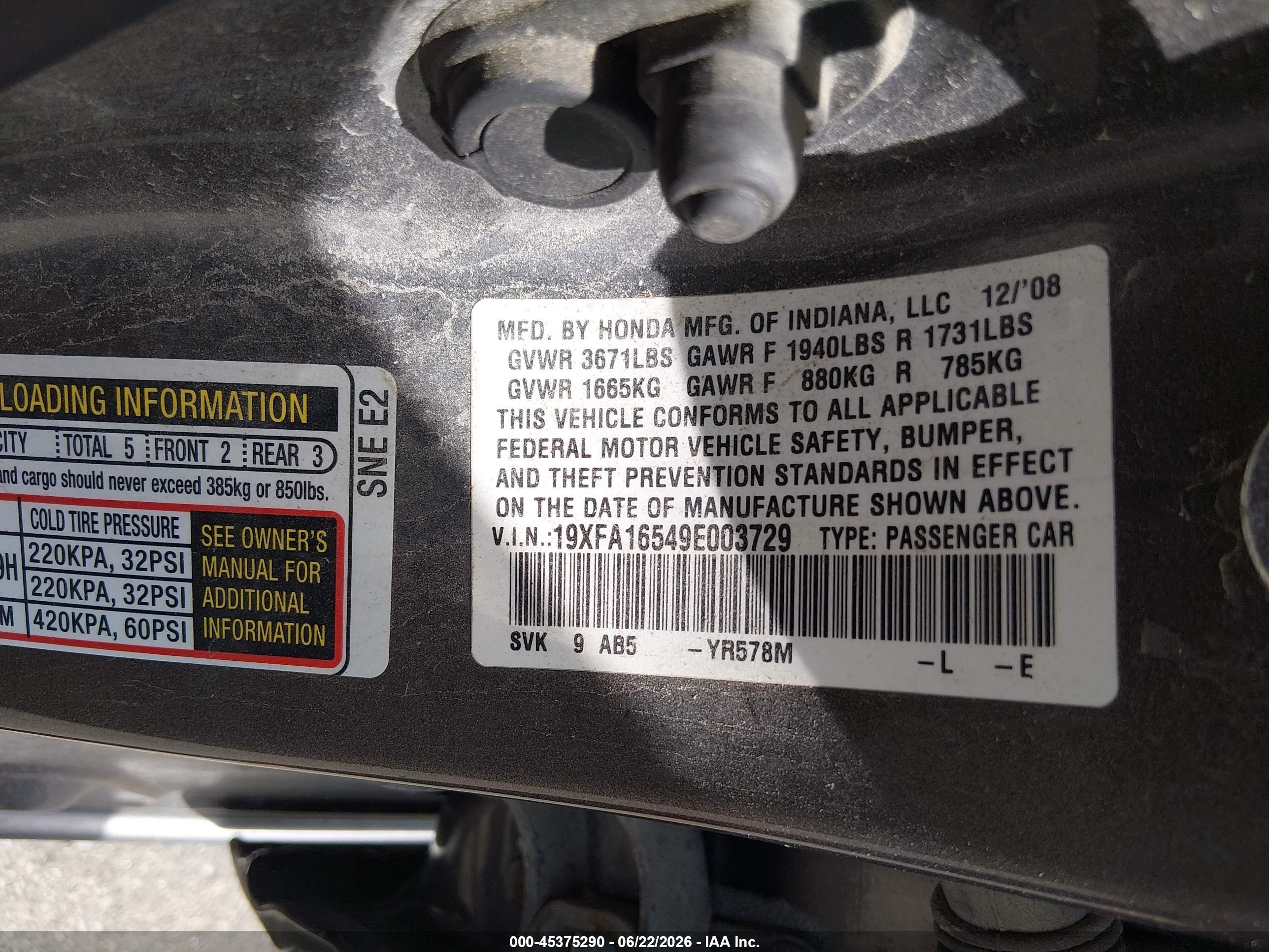 2009 Honda Civic Lx Gray vin: 19XFA16549E003729