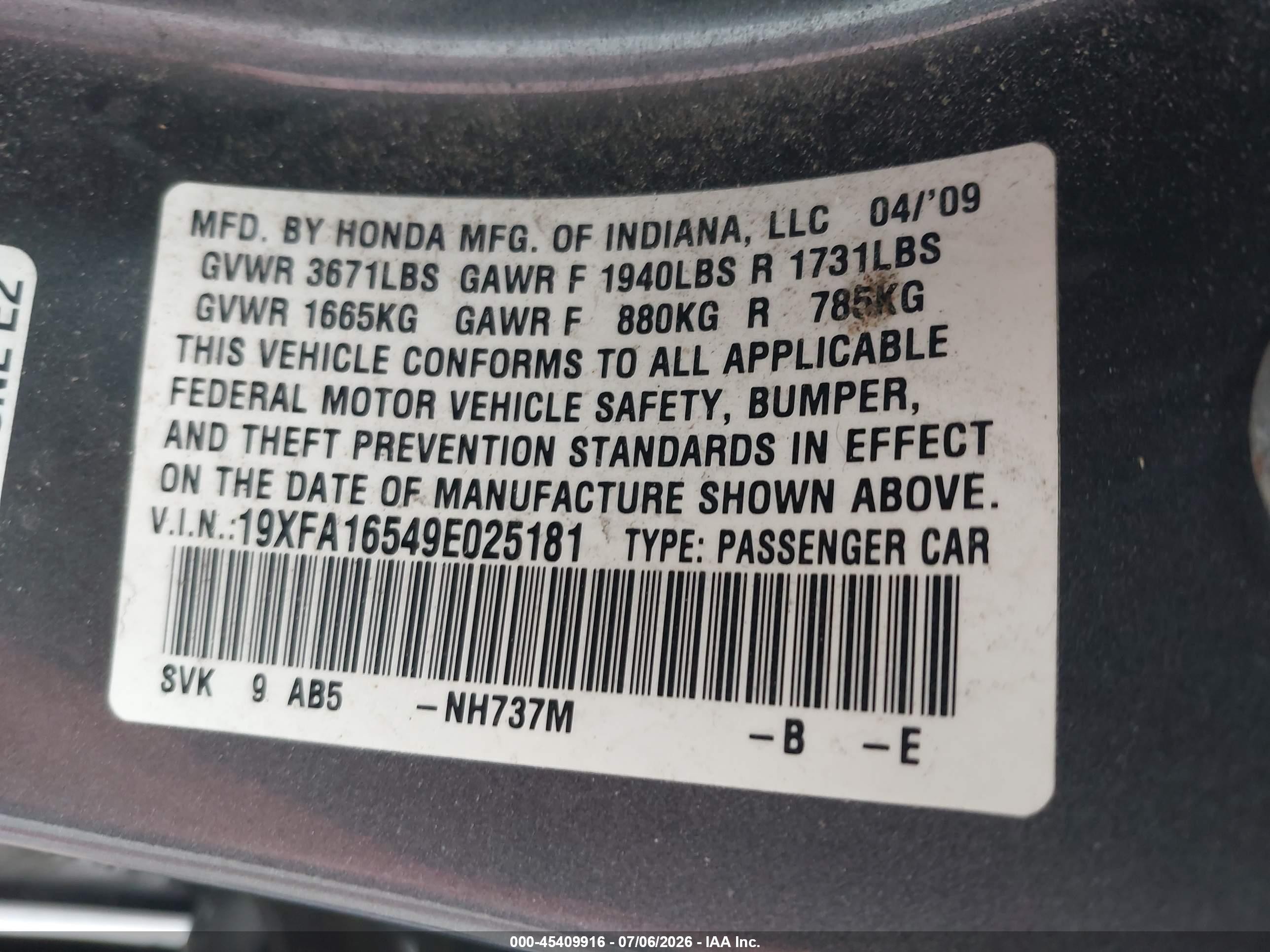 2009 Honda Civic Lx Gray vin: 19XFA16549E025181