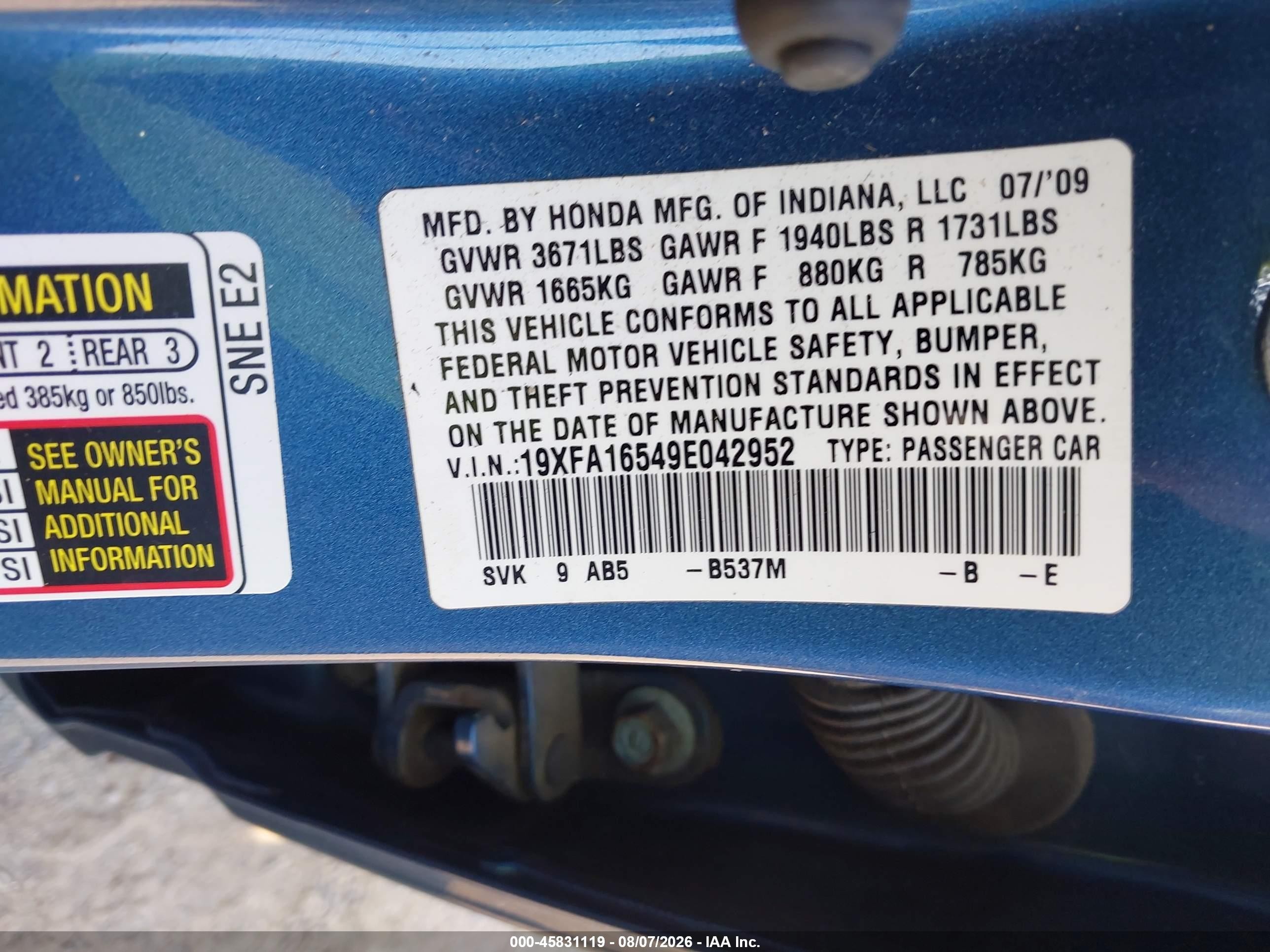 2009 Honda Civic Lx Blue vin: 19XFA16549E042952