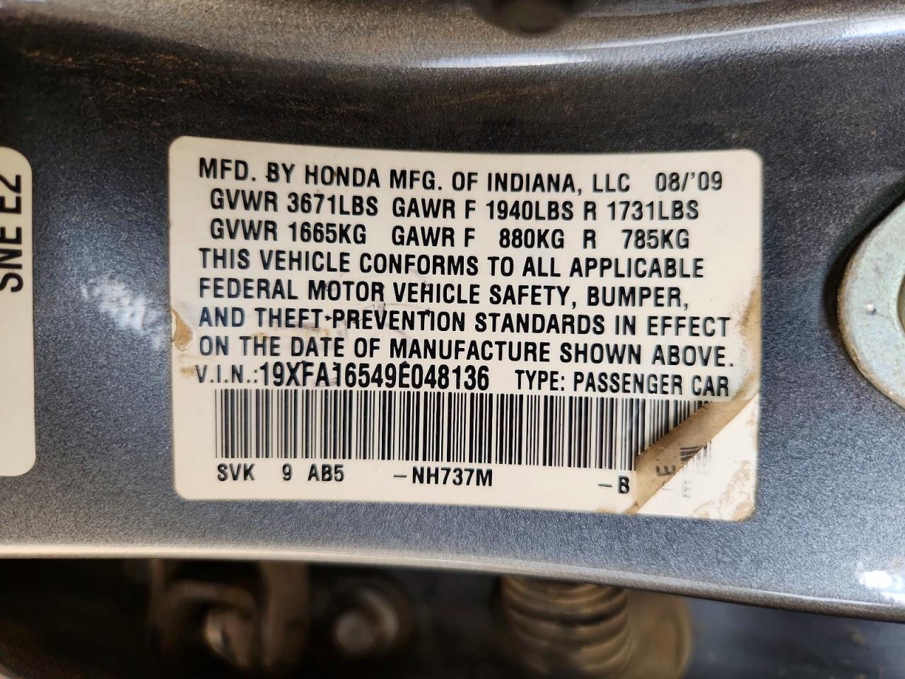 2009 Honda Civic Lx Gray vin: 19XFA16549E048136
