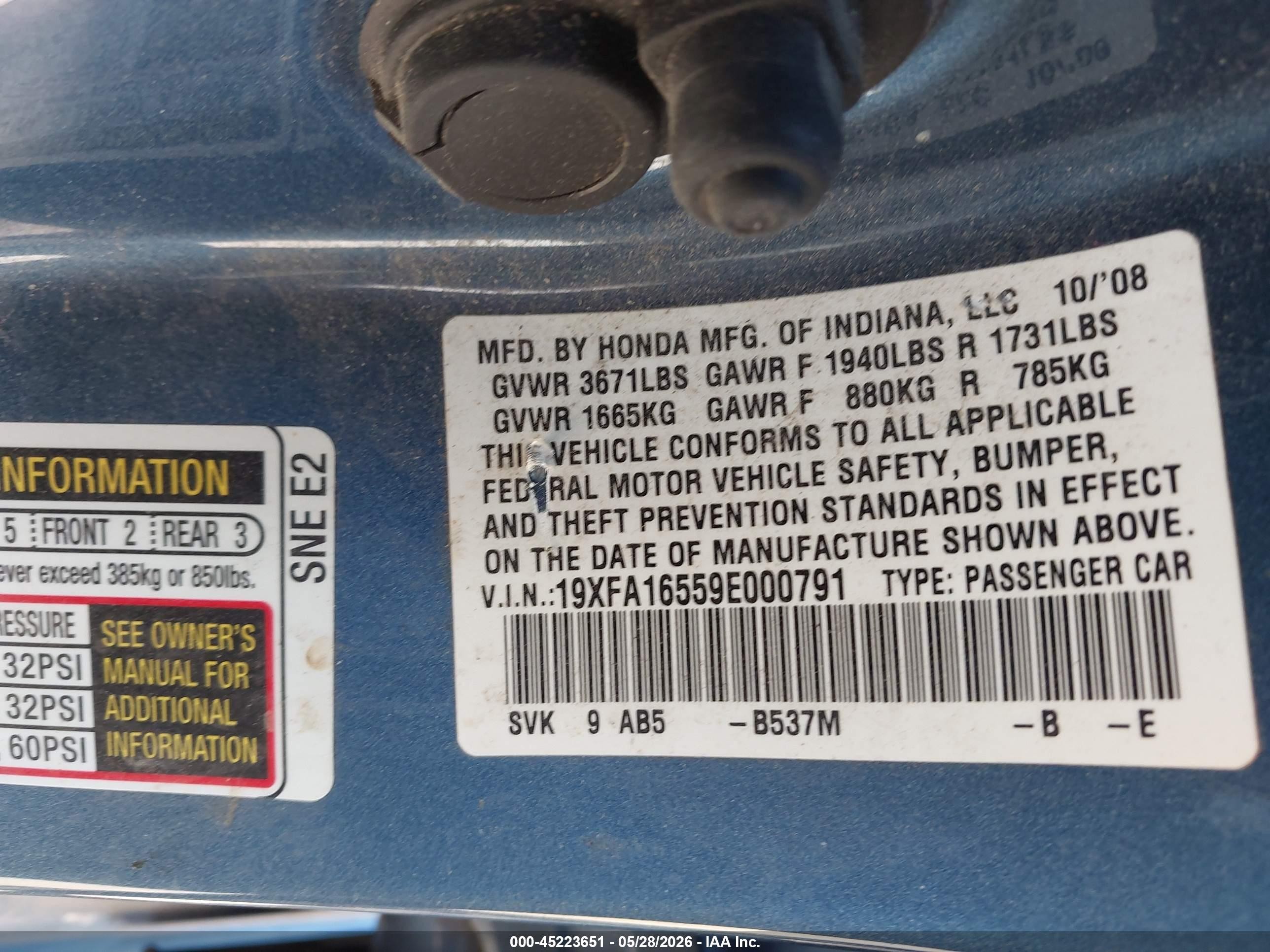 2009 Honda Civic Lx Blue vin: 19XFA16559E000791