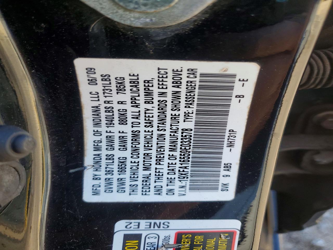 2009 Honda Civic Lx Black vin: 19XFA16559E033578