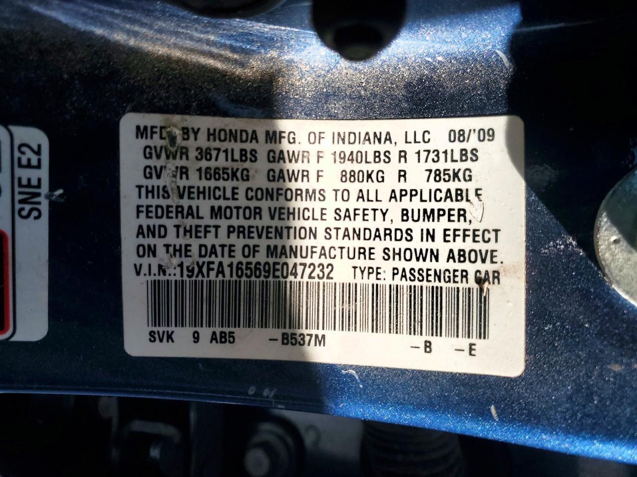 2009 Honda Civic Lx Blue vin: 19XFA16569E047232