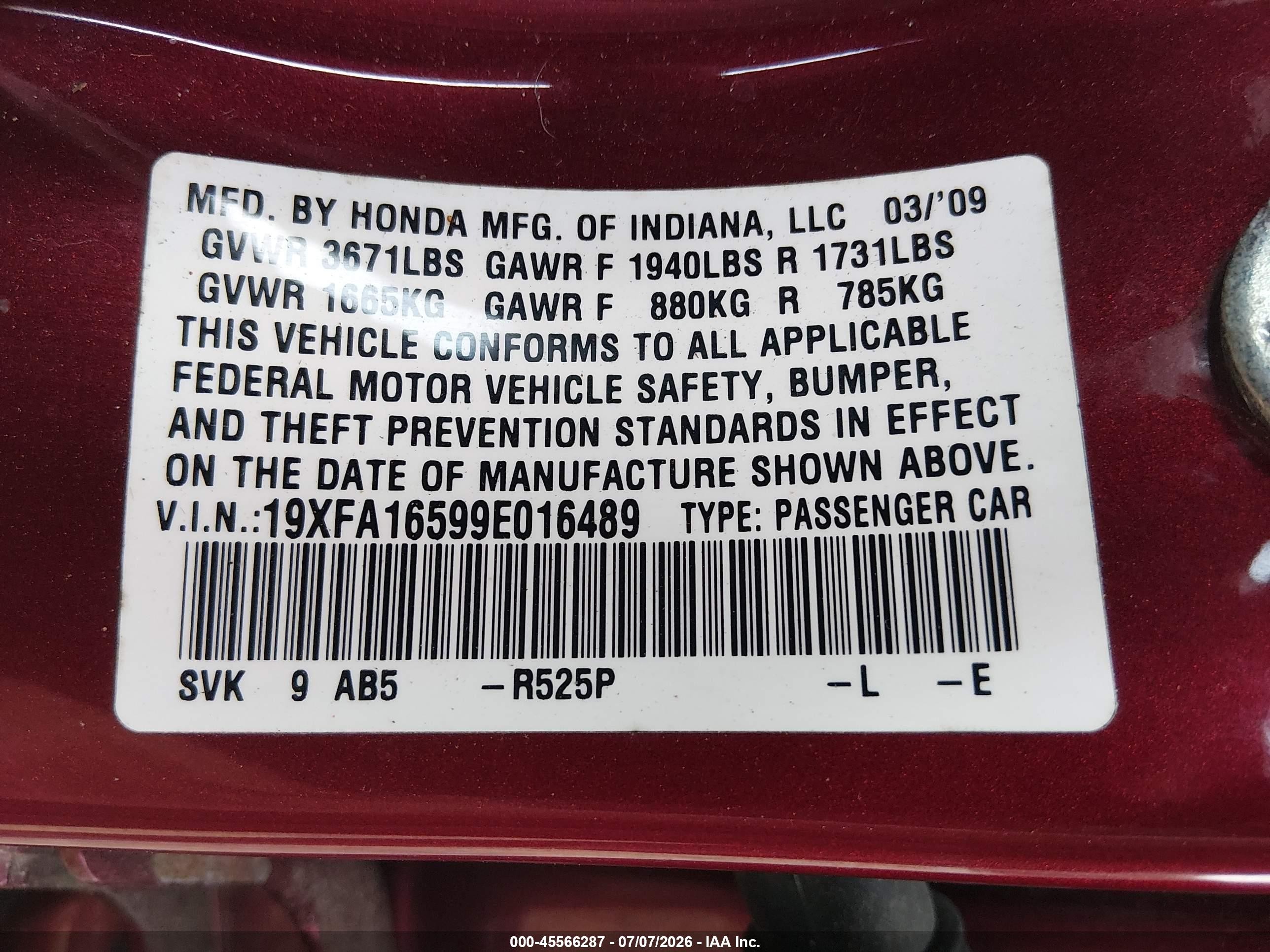 2009 Honda Civic Lx Бордовый vin: 19XFA16599E016489
