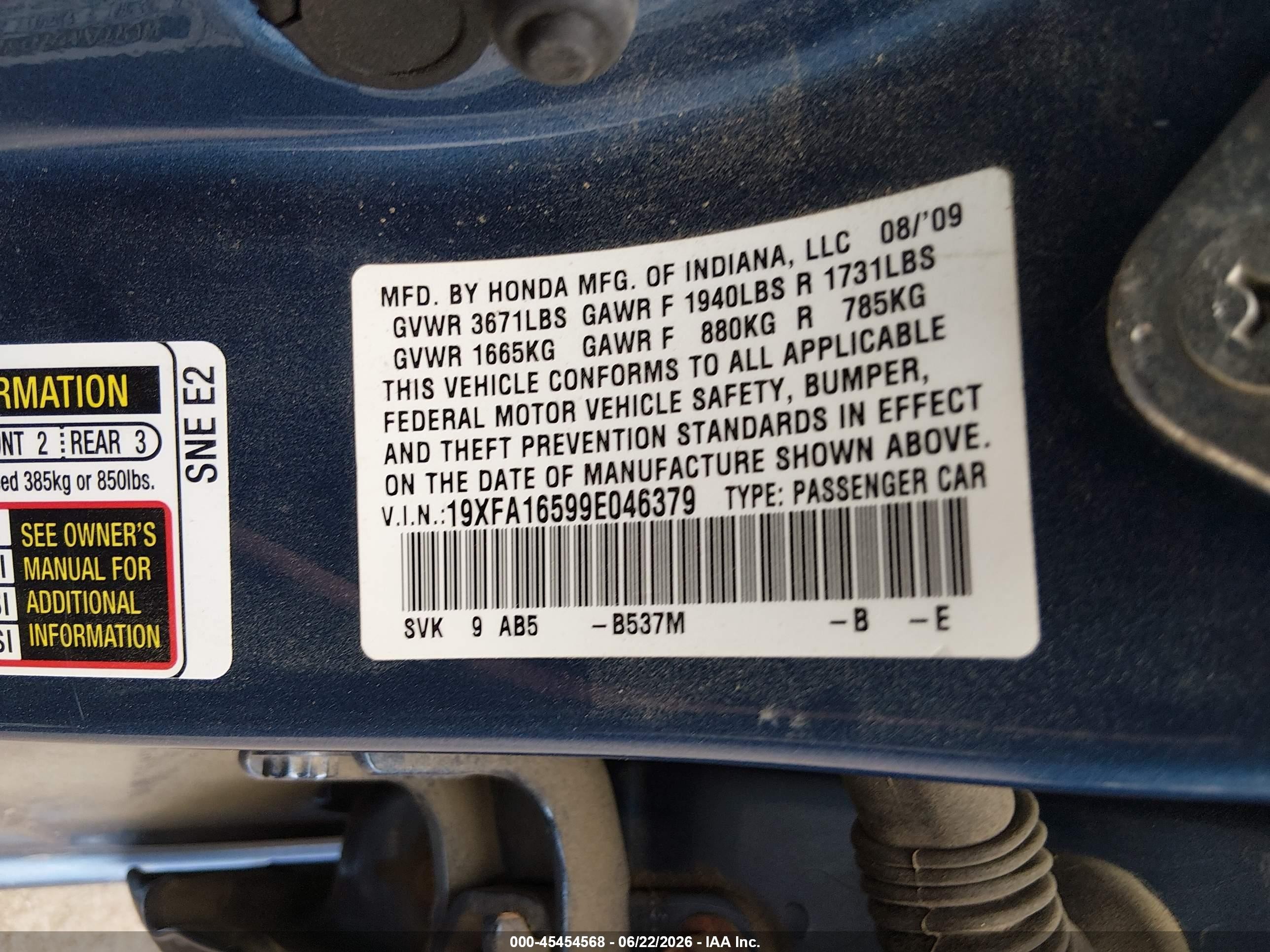 2009 Honda Civic Lx Blue vin: 19XFA16599E046379