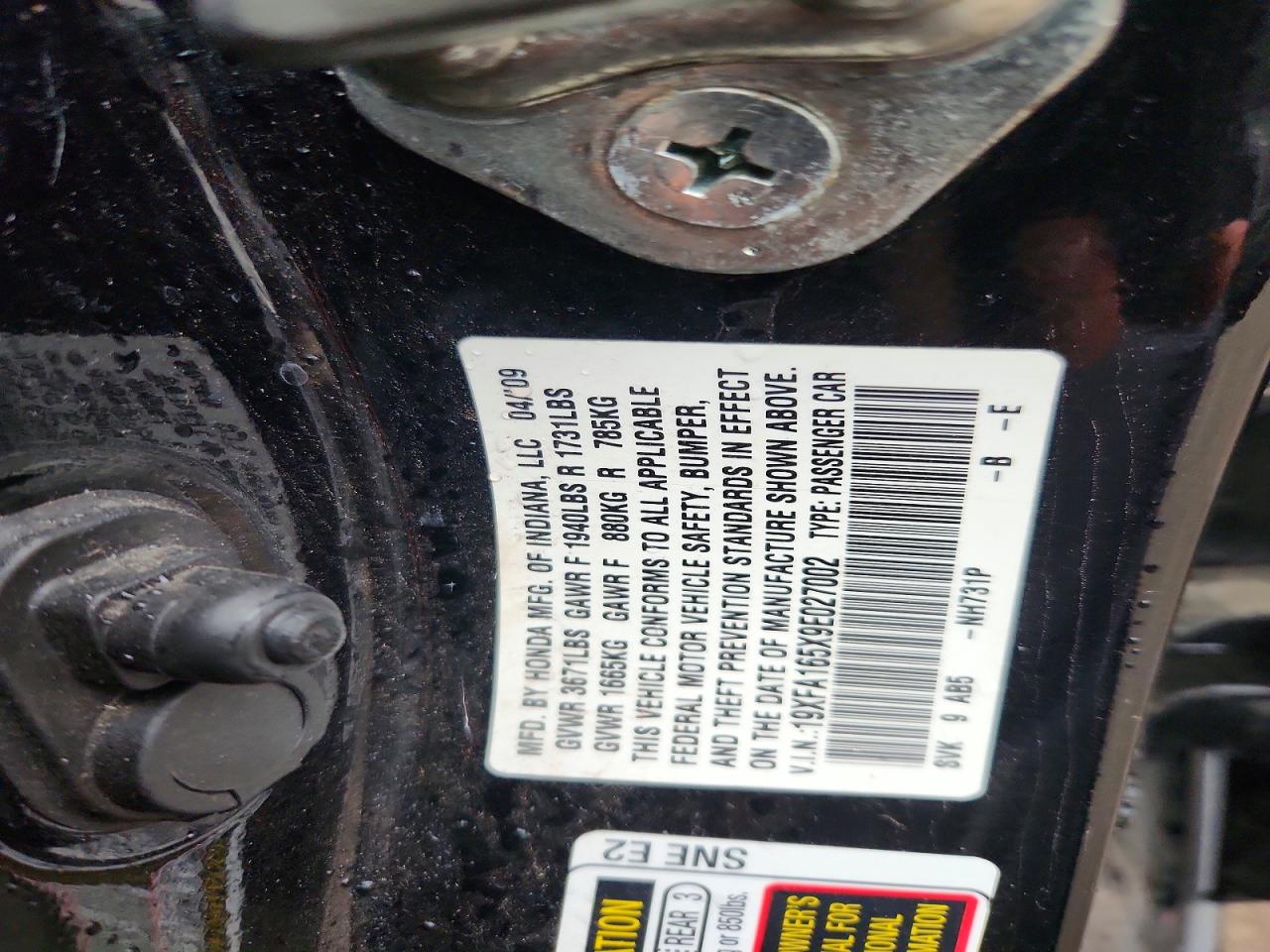 2009 Honda Civic Lx Black vin: 19XFA165X9E027002