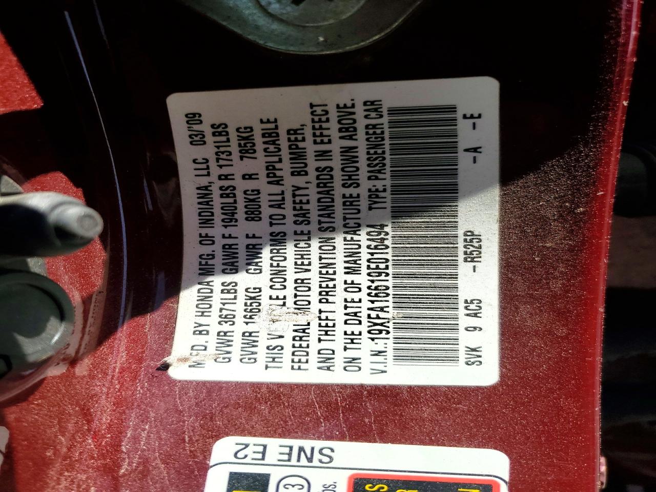 2009 Honda Civic Lx-s Red vin: 19XFA16619E016494