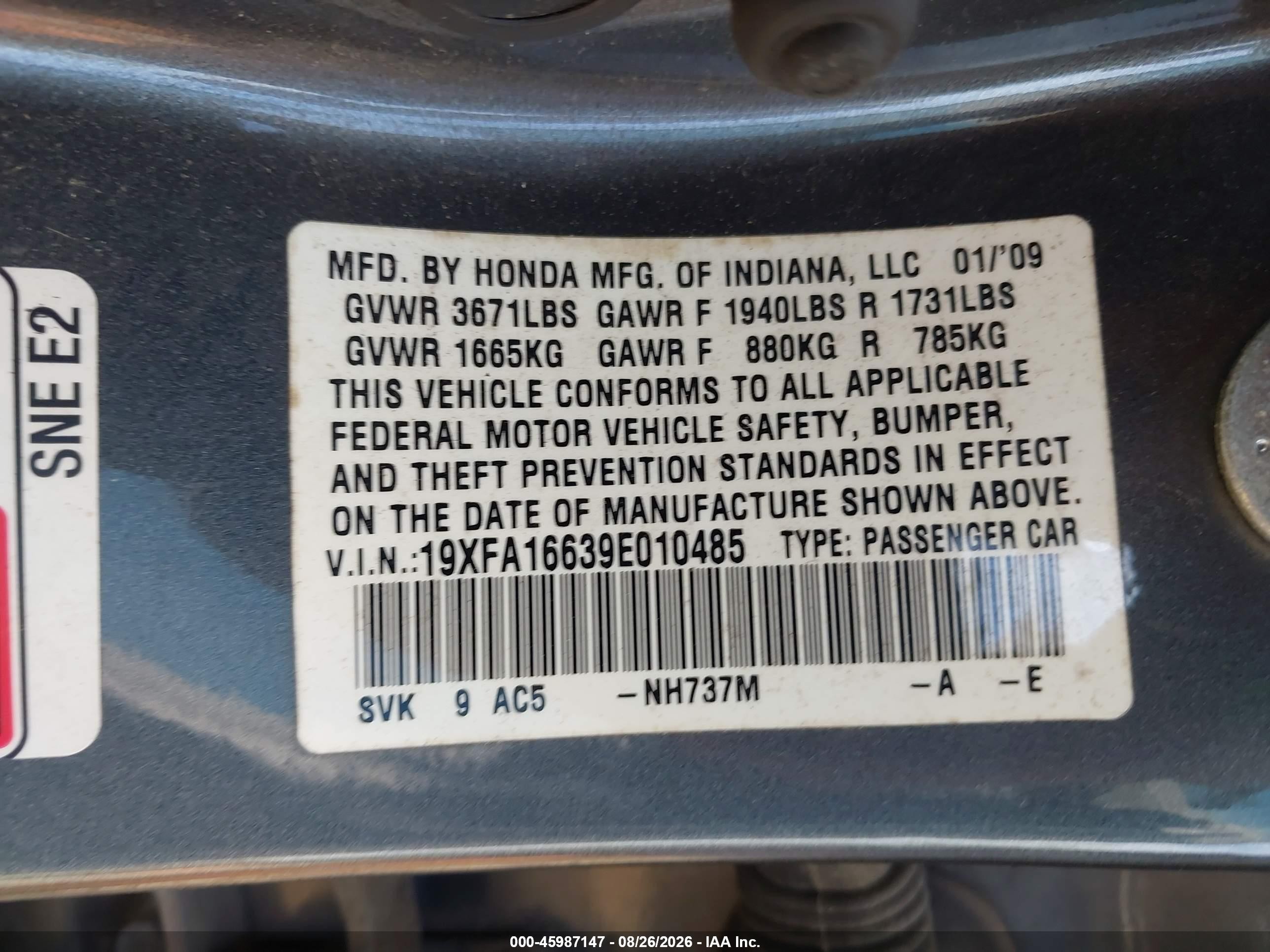 2009 Honda Civic Lx-s Gray vin: 19XFA16639E010485