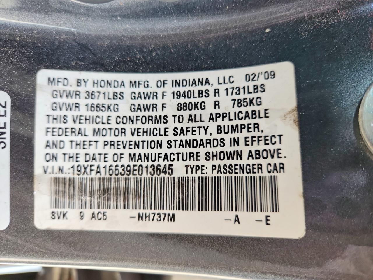 2009 Honda Civic Lx-s Gray vin: 19XFA16639E013645