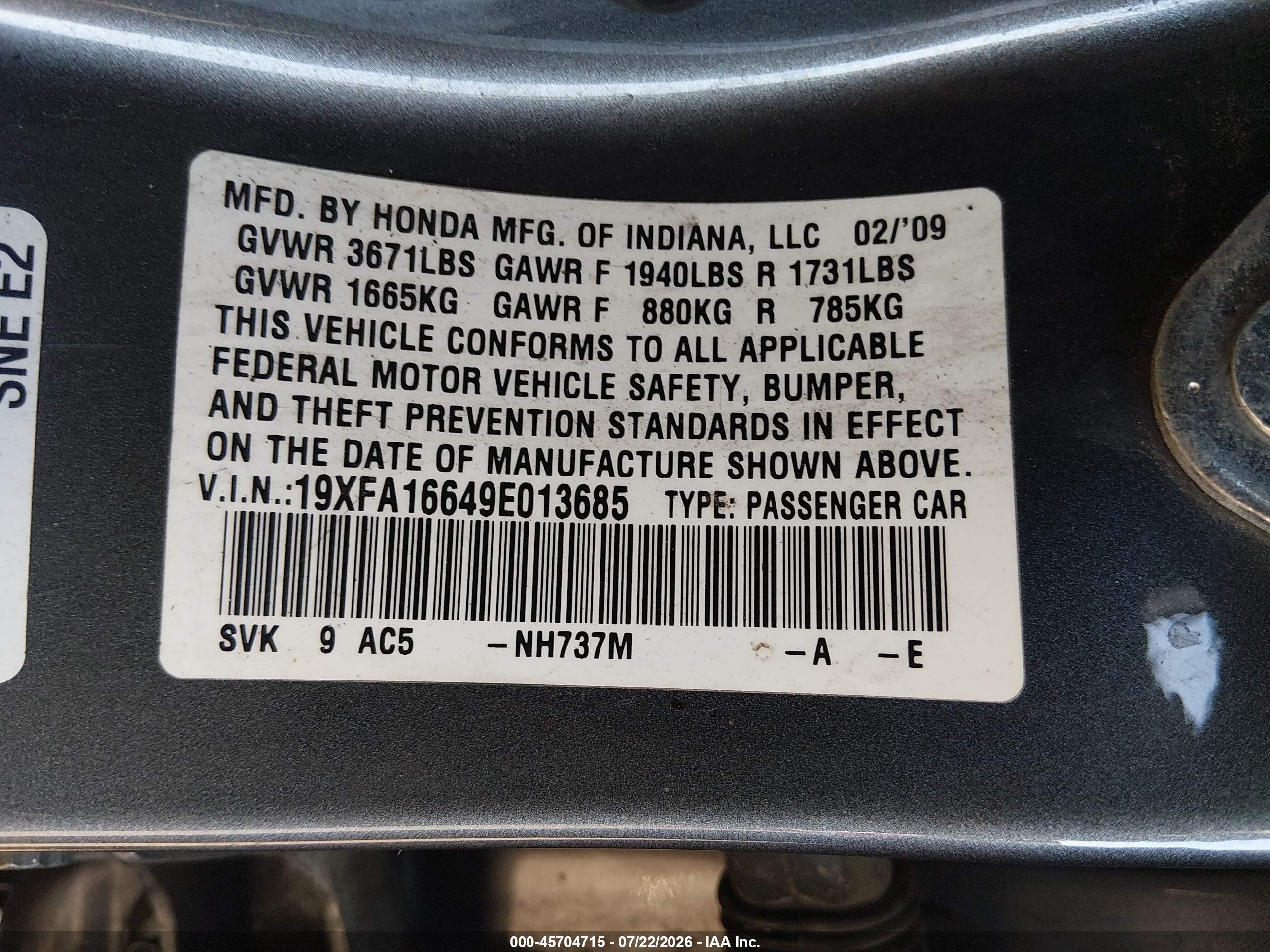 2009 Honda Civic Lx-s Gray vin: 19XFA16649E013685