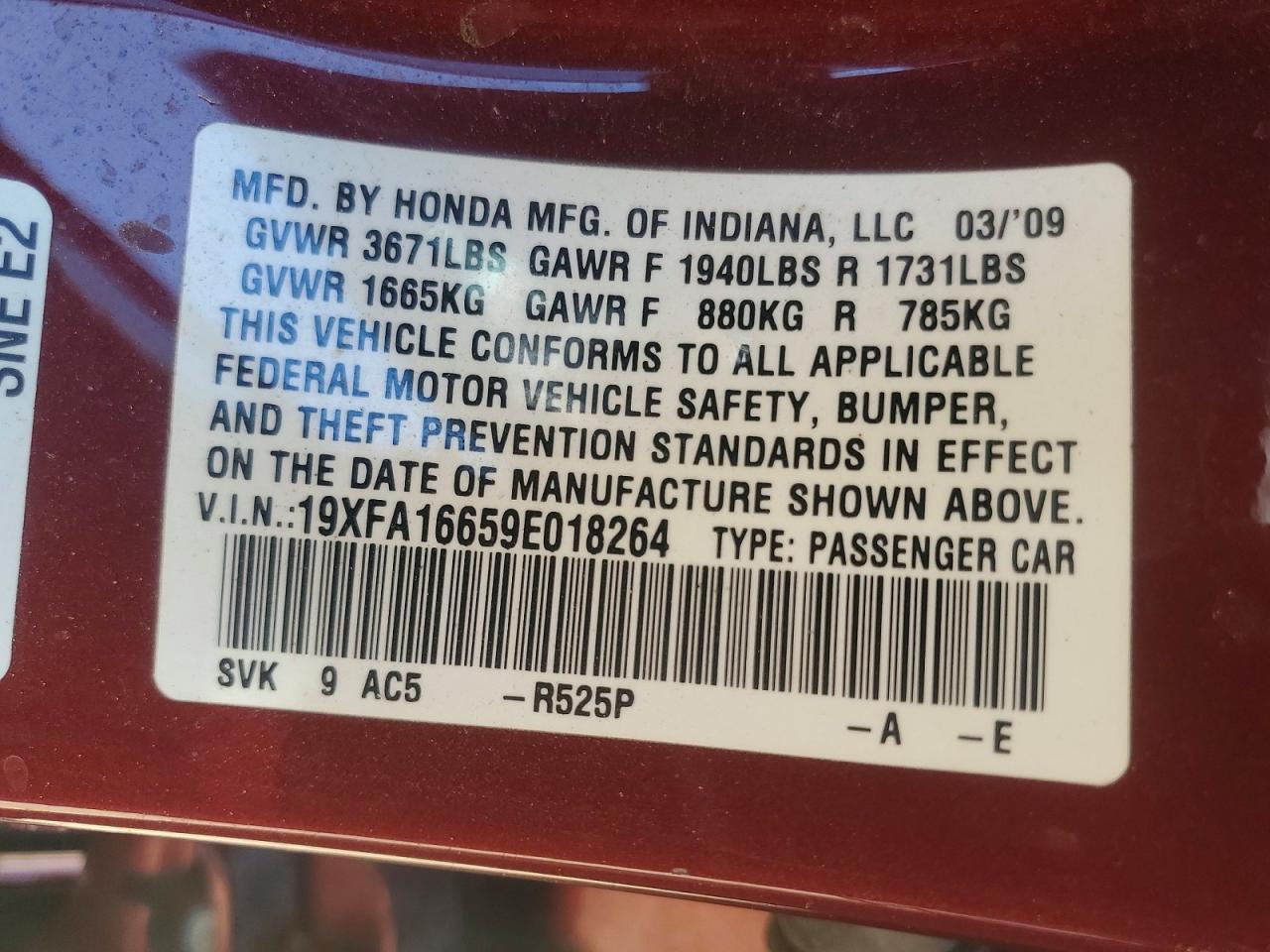 2009 Honda Civic Lx-s Maroon vin: 19XFA16659E018264