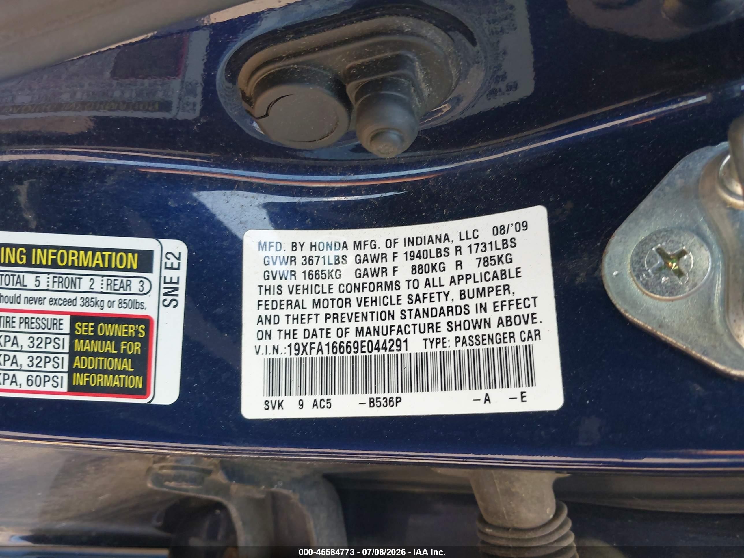 2009 Honda Civic Lx-s Blue vin: 19XFA16669E044291