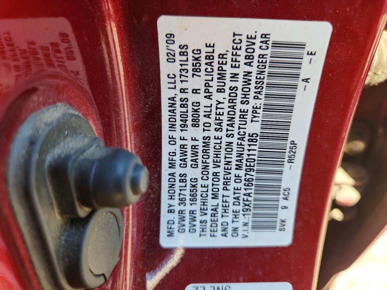 2009 Honda Civic Lx-s Maroon vin: 19XFA16679E011185