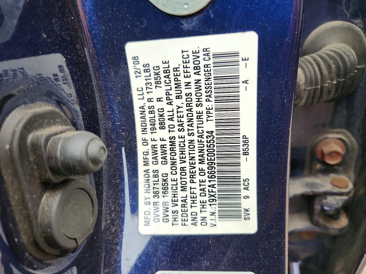 2009 Honda Civic Lx-s Blue vin: 19XFA16699E005534