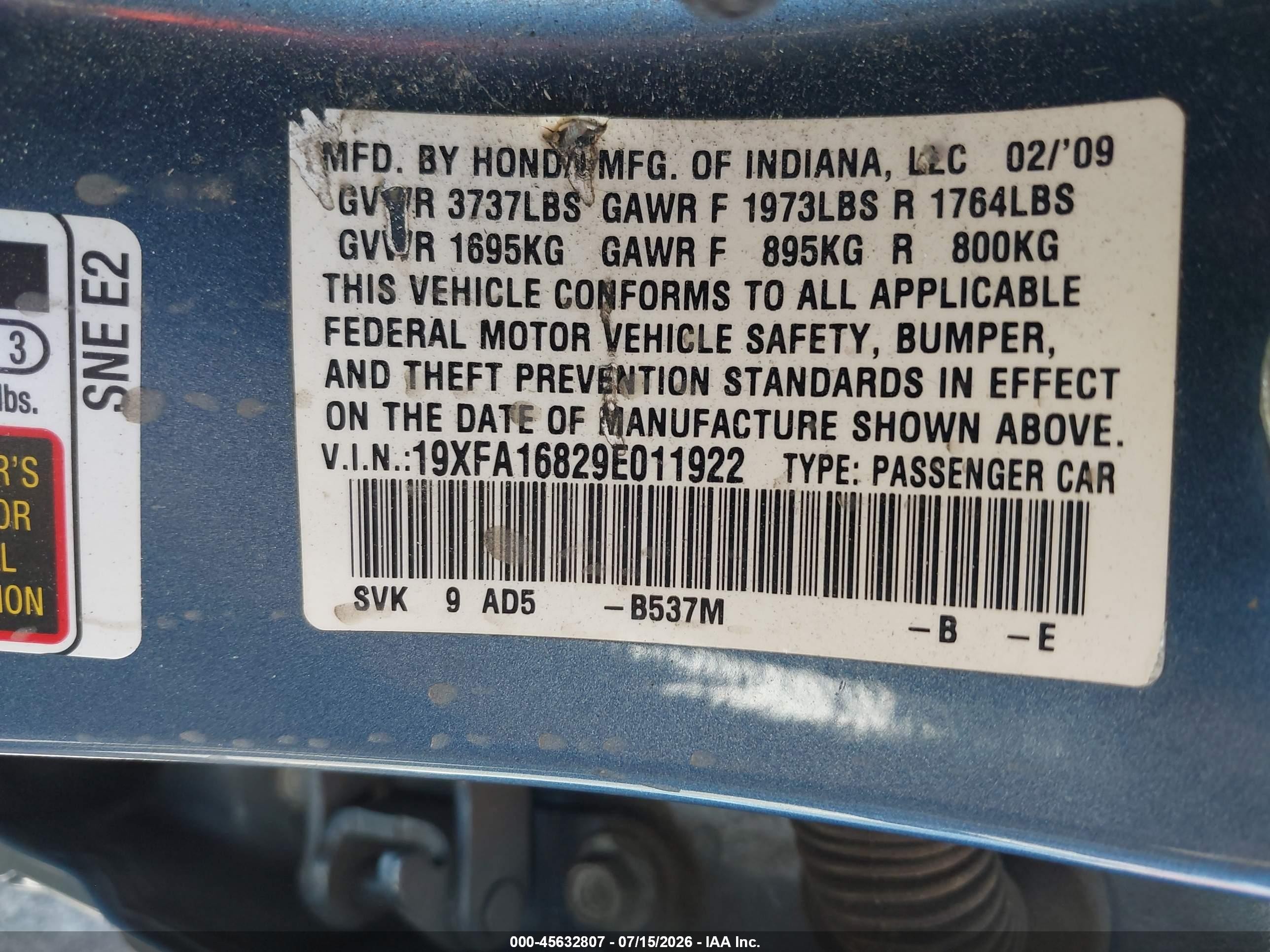 2009 Honda Civic Ex Blue vin: 19XFA16829E011922