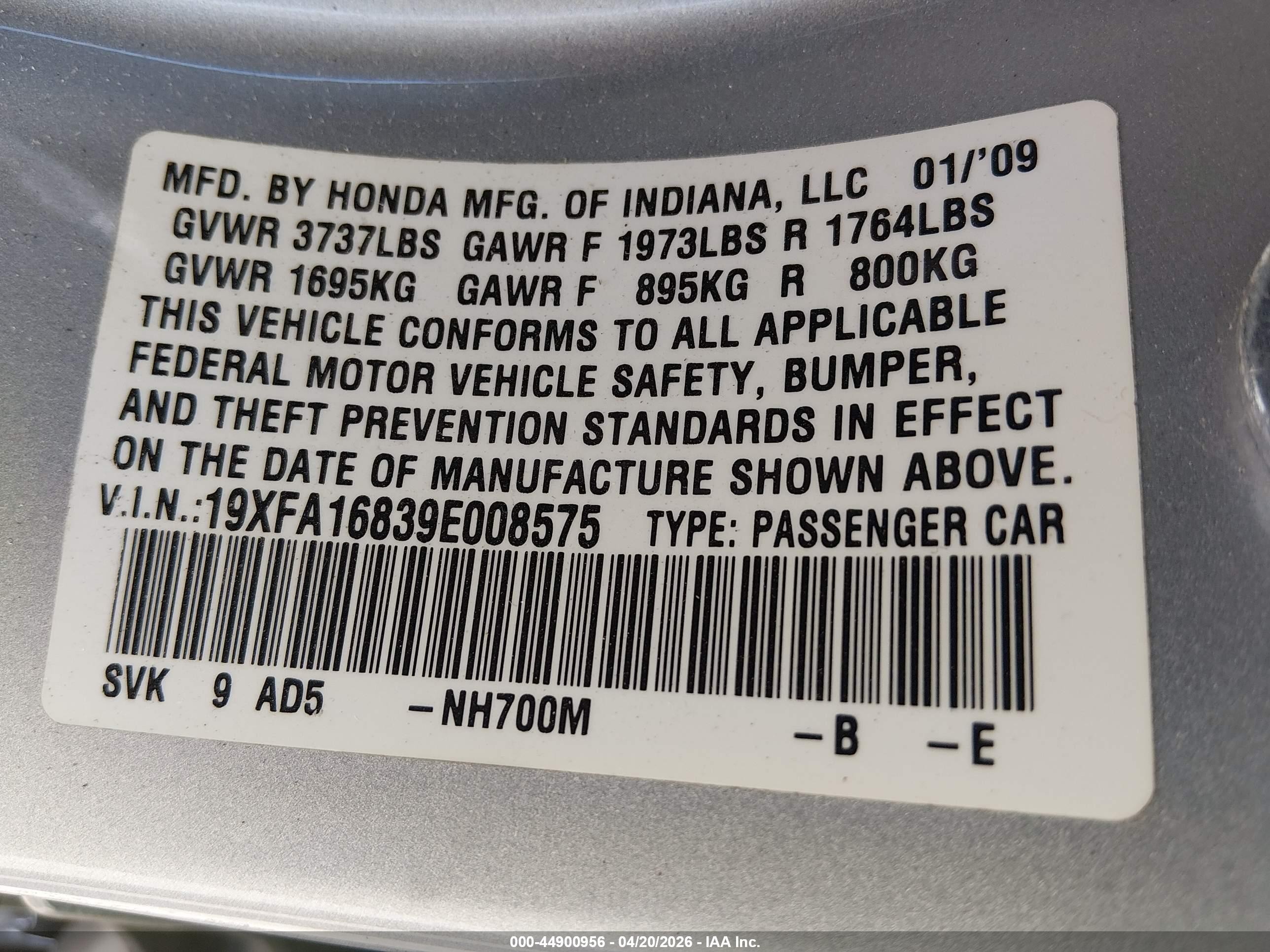 2009 Honda Civic Ex Gray vin: 19XFA16839E008575
