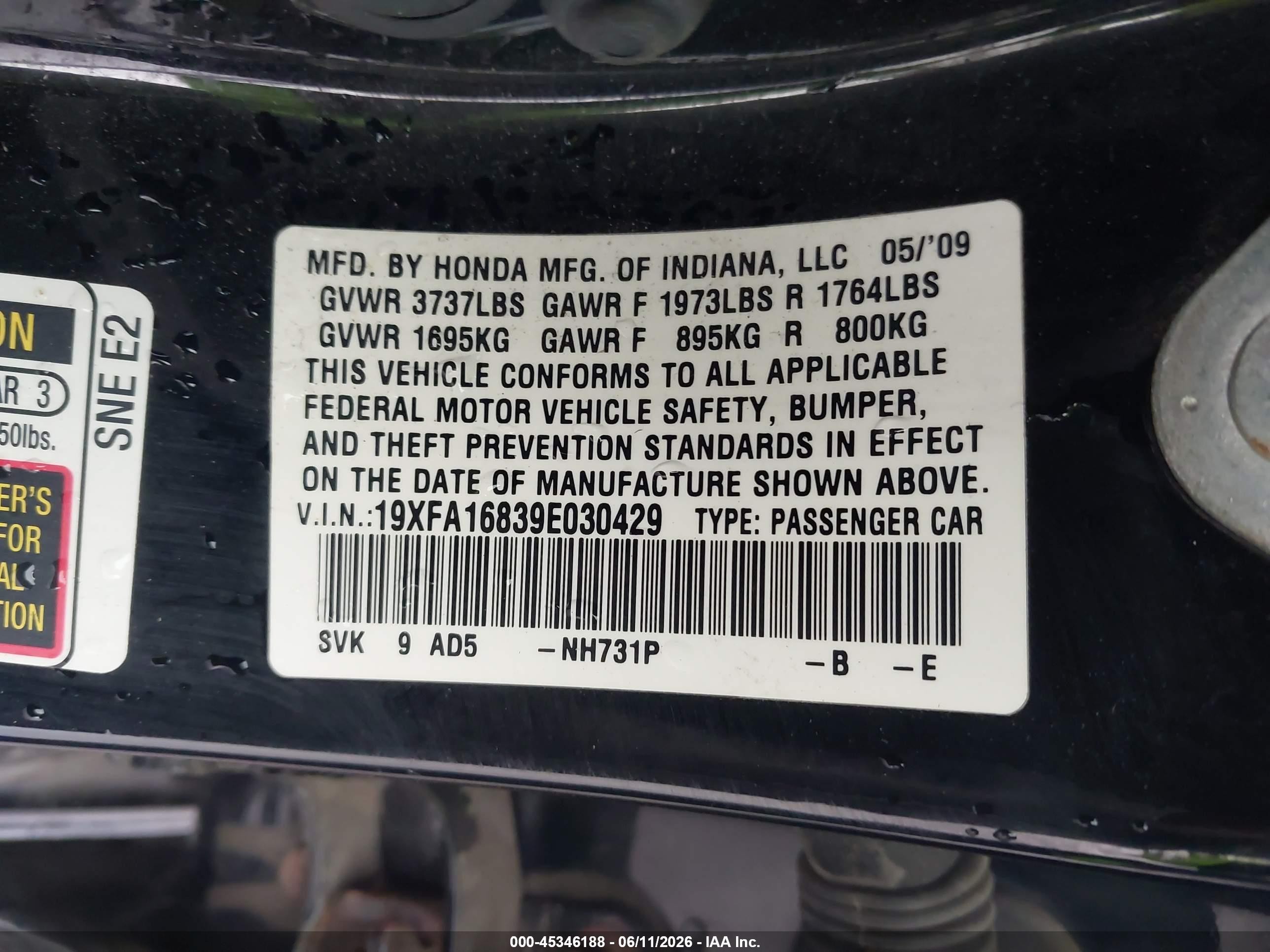 2009 Honda Civic Ex Black vin: 19XFA16839E030429