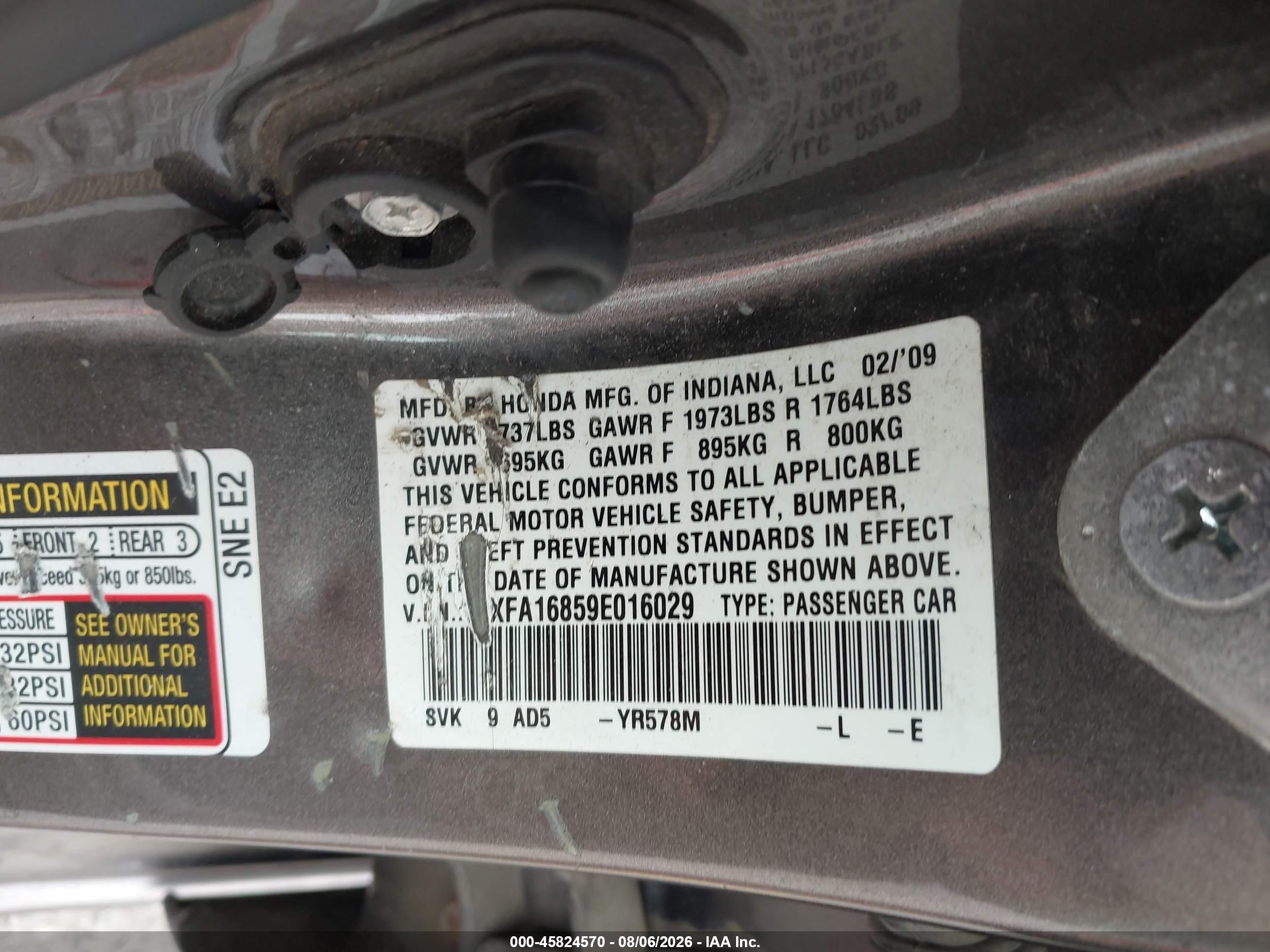 2009 Honda Civic Ex Gray vin: 19XFA16859E016029