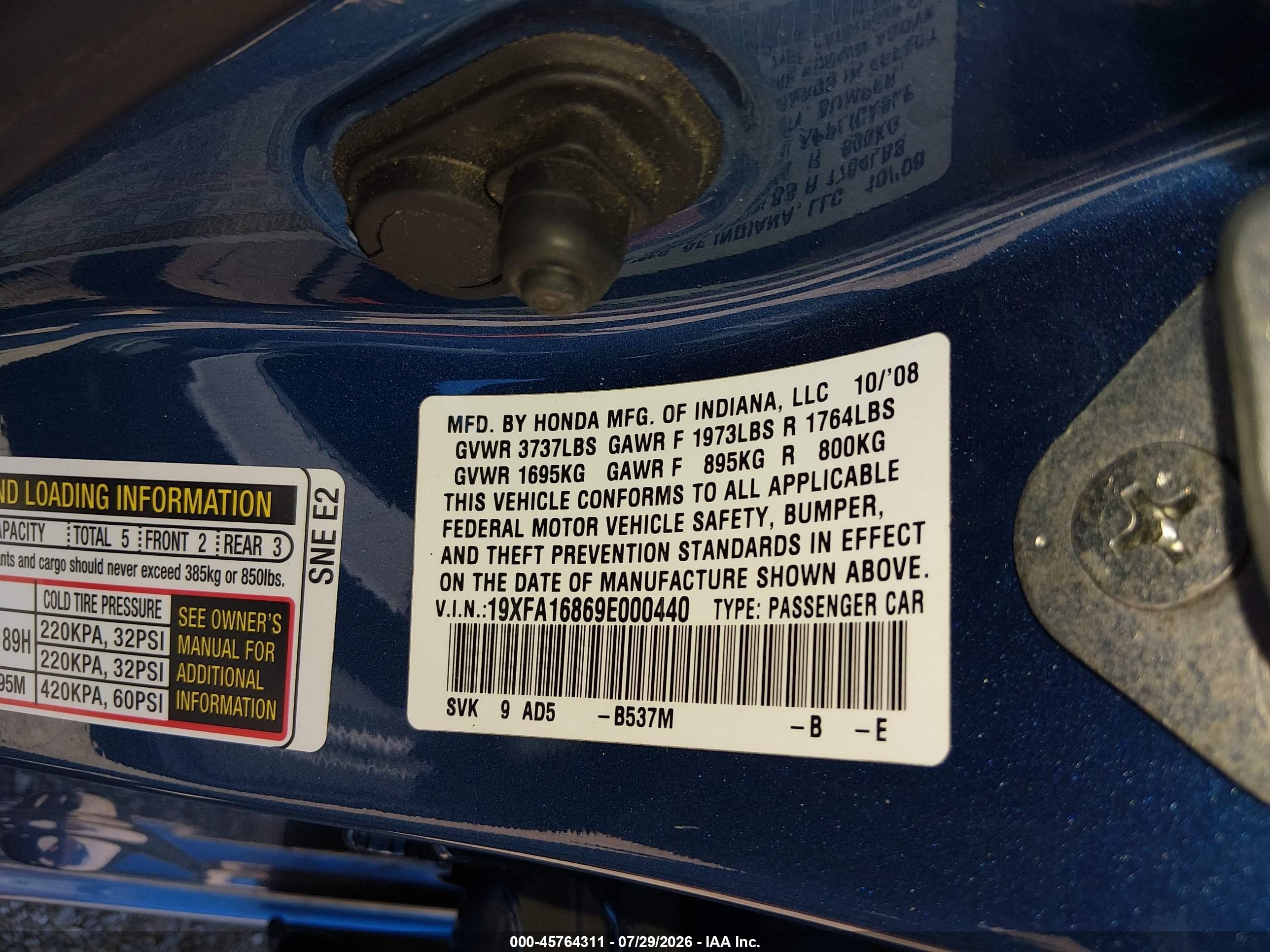 2009 Honda Civic Ex Blue vin: 19XFA16869E000440