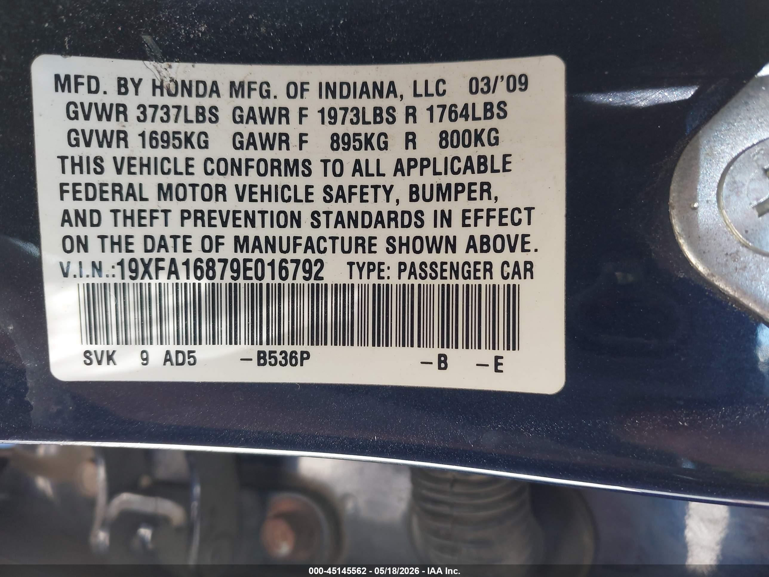 2009 Honda Civic Ex Dark Blue vin: 19XFA16879E016792
