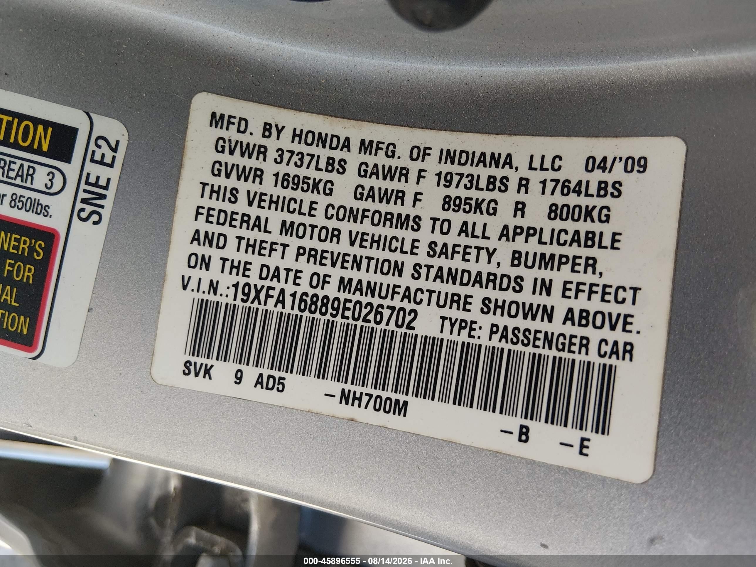 2009 Honda Civic Ex Silver vin: 19XFA16889E026702