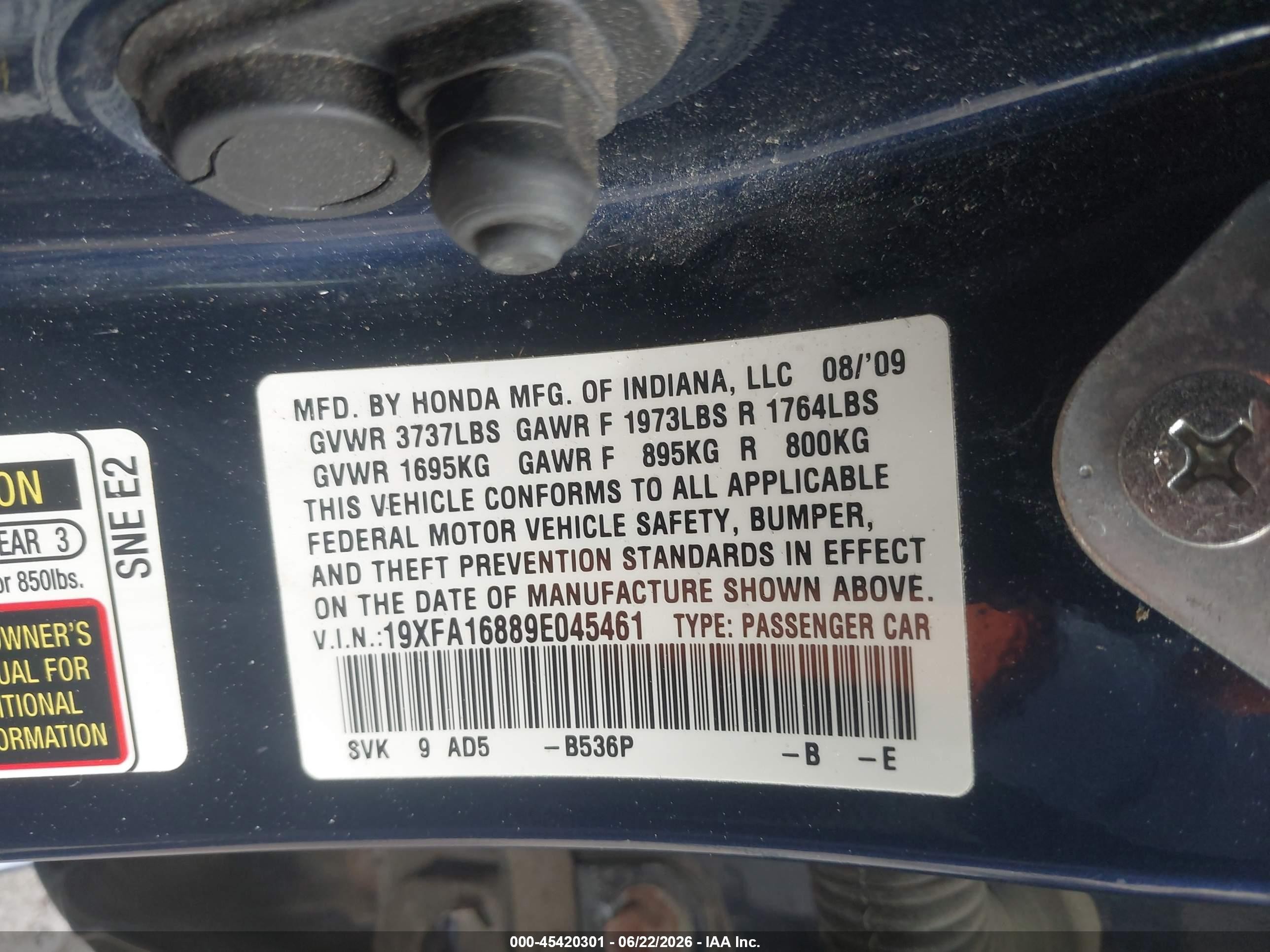 2009 Honda Civic Ex Blue vin: 19XFA16889E045461
