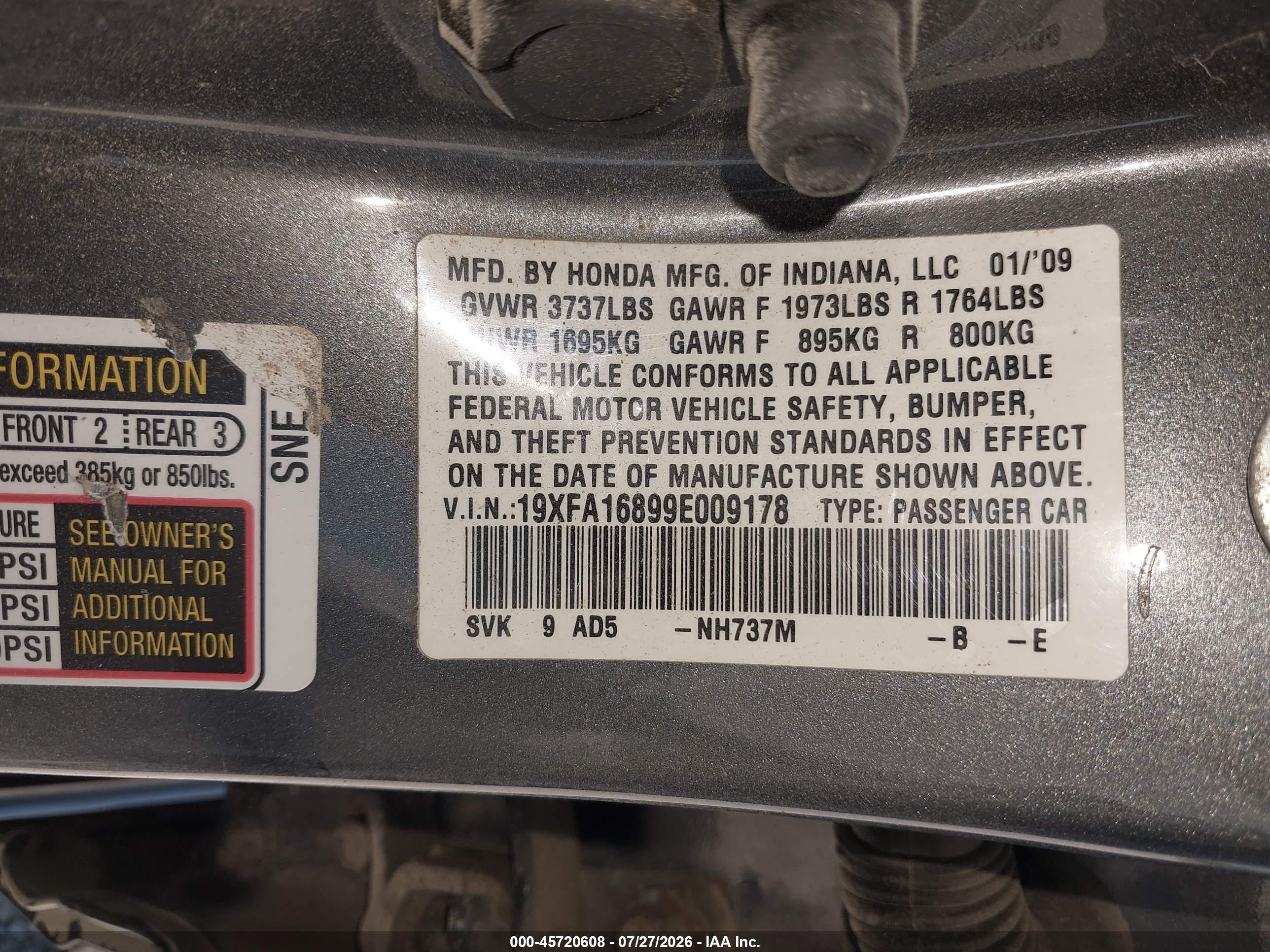 2009 Honda Civic Ex Gray vin: 19XFA16899E009178