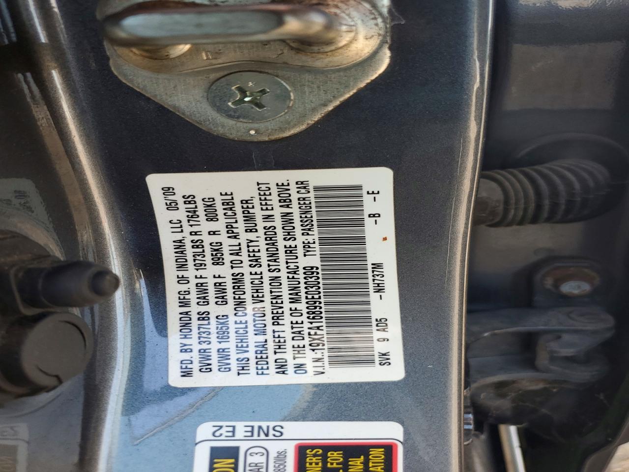 2009 Honda Civic Ex Gray vin: 19XFA16899E030399
