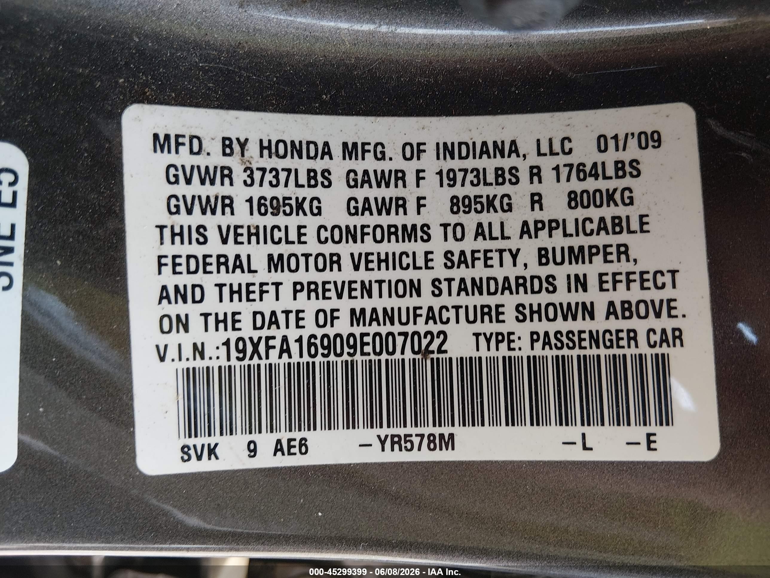 2009 Honda Civic Ex-l Серый vin: 19XFA16909E007022