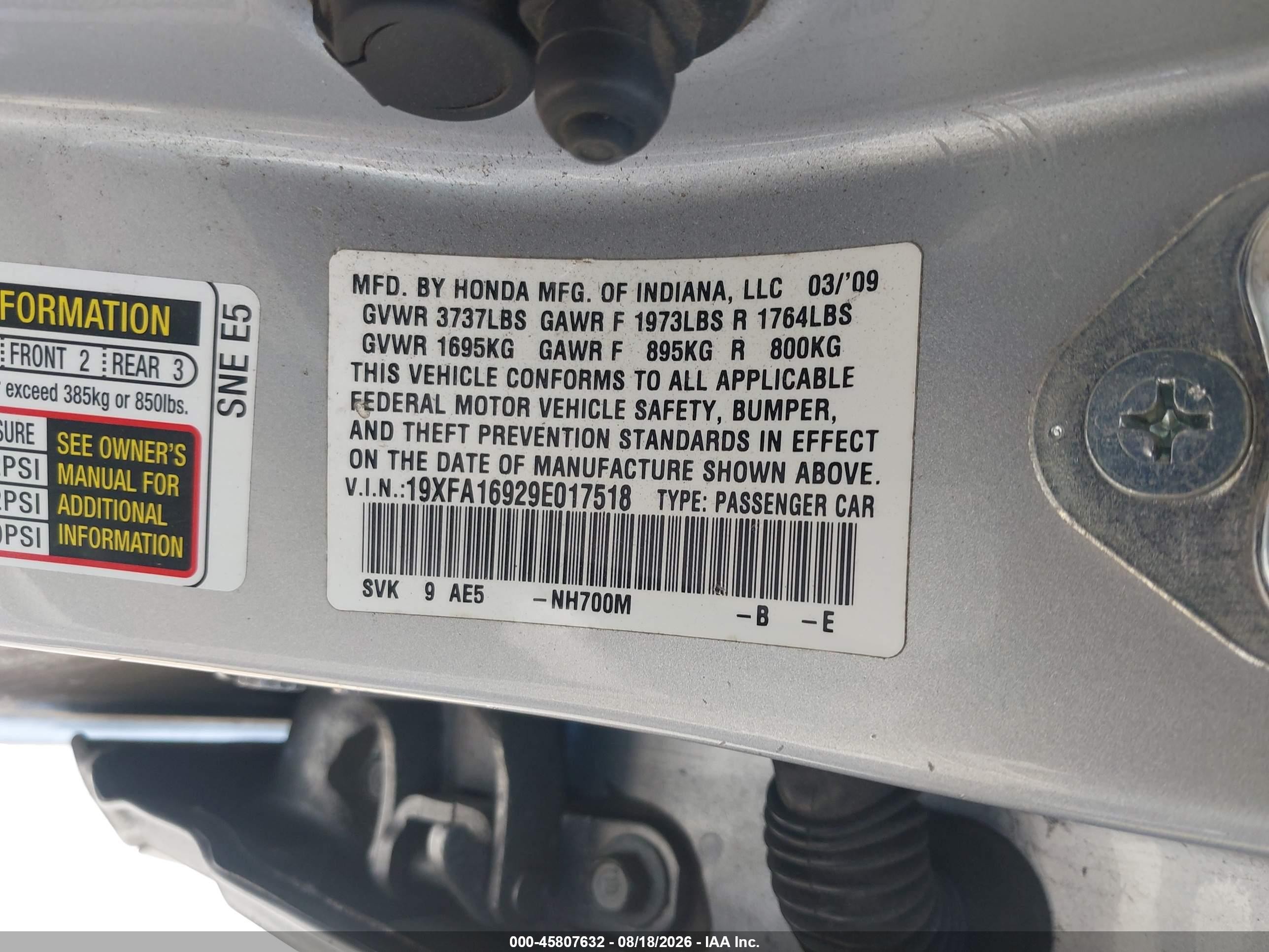 2009 Honda Civic Ex-l Silver vin: 19XFA16929E017518