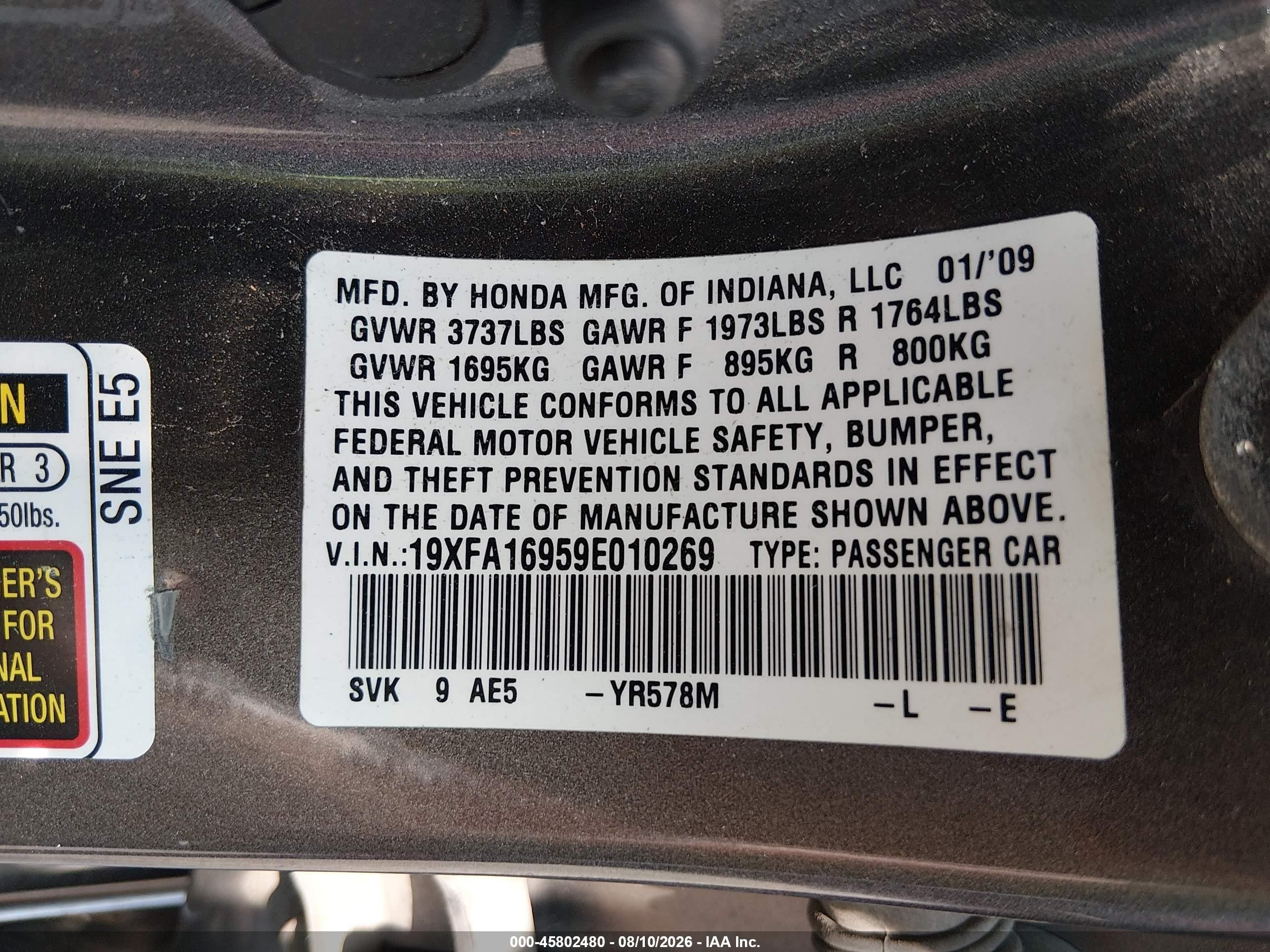 2009 Honda Civic Ex-l Gray vin: 19XFA16959E010269