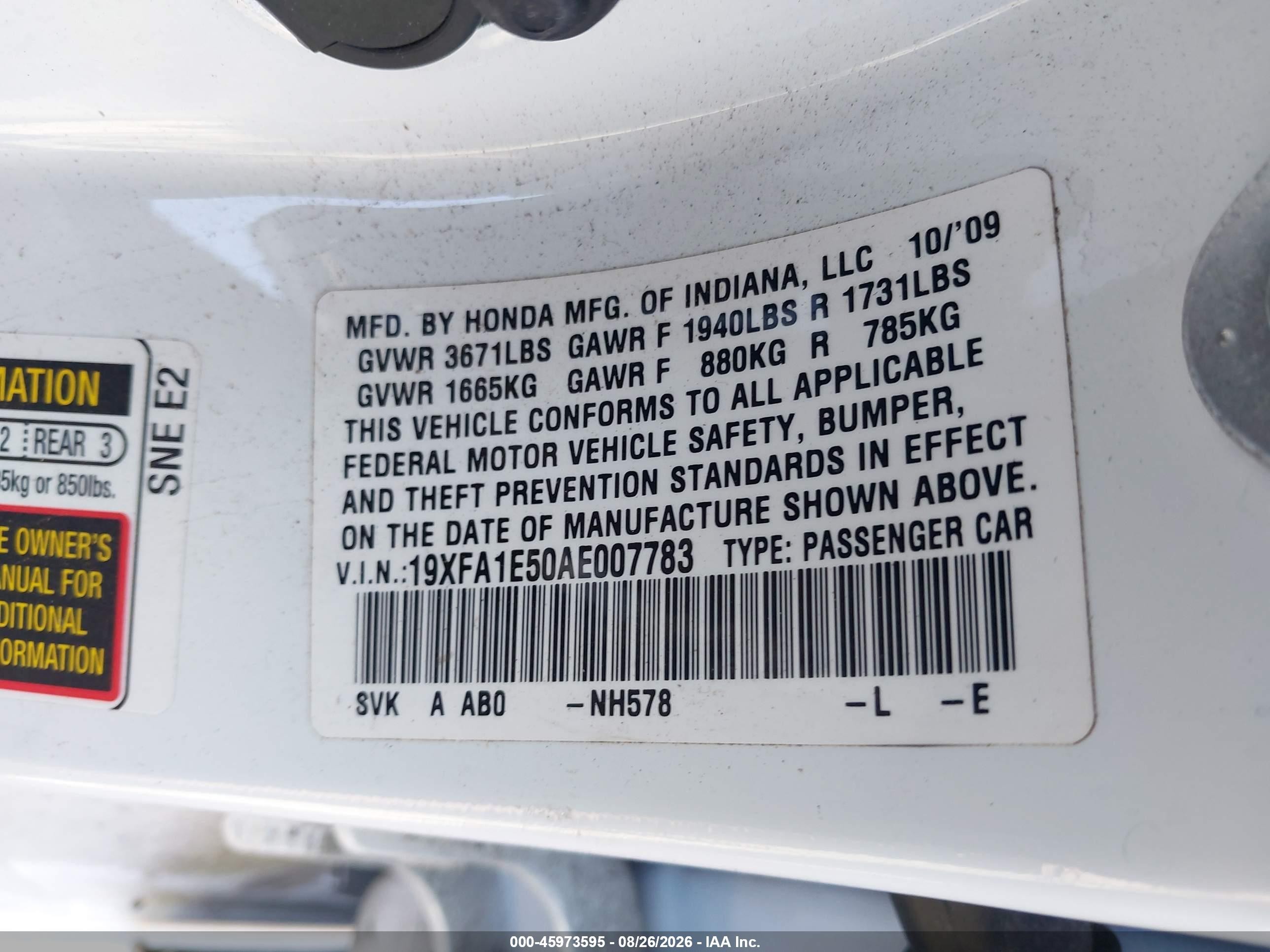 2010 Honda Civic Lx White vin: 19XFA1E50AE007783