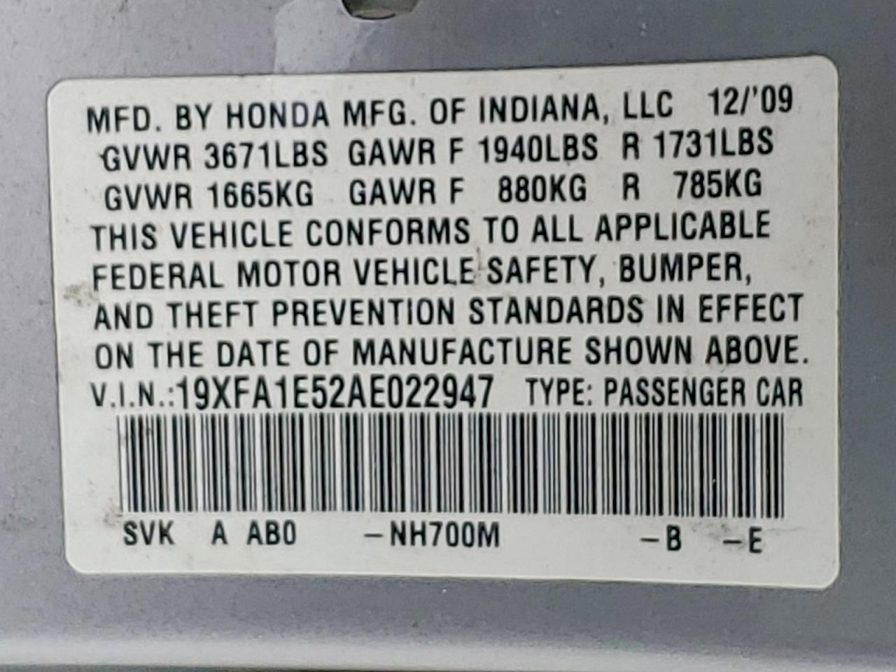 2010 Honda Civic Lx Silver vin: 19XFA1E52AE022947