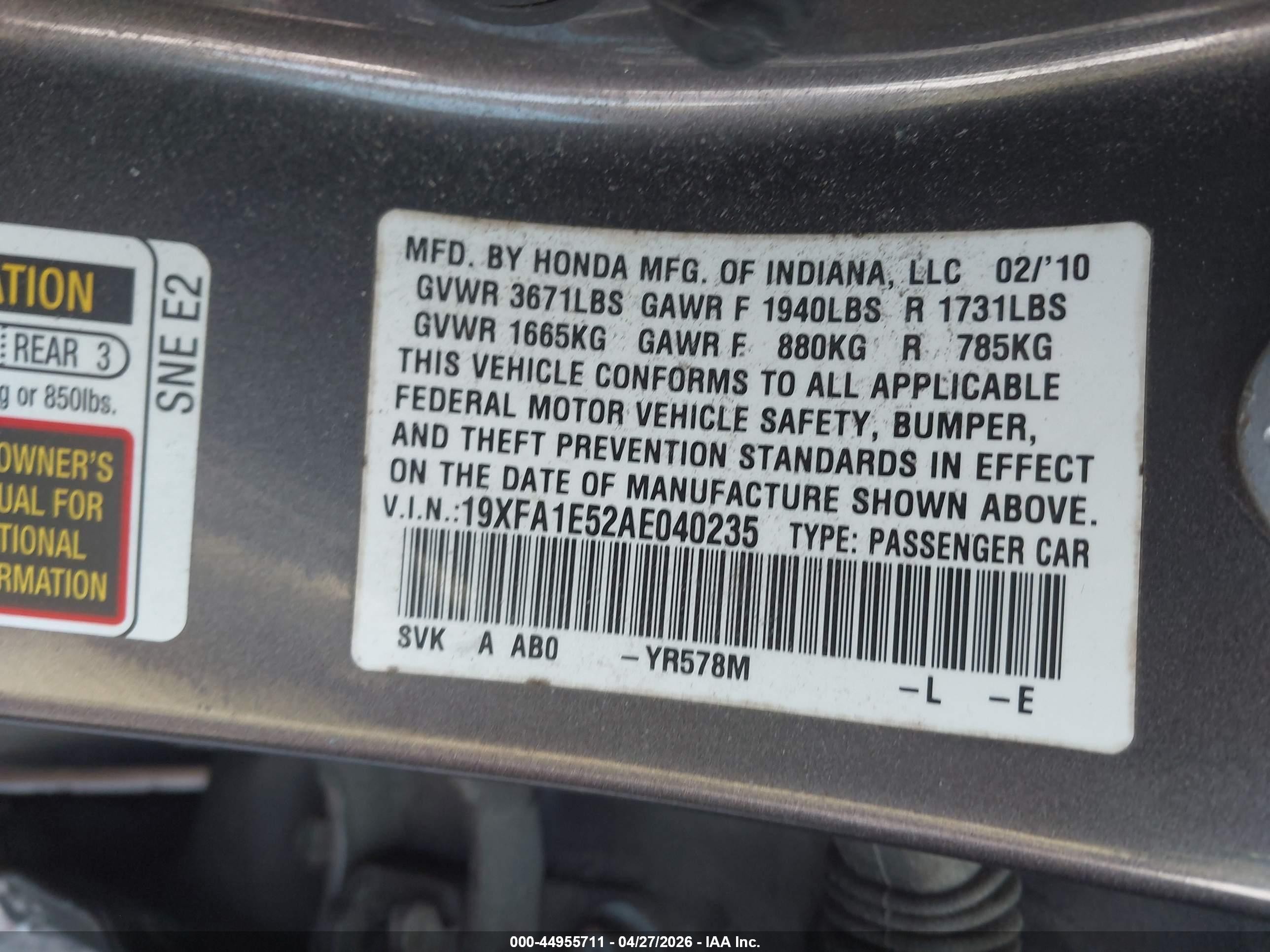 2010 Honda Civic Lx Gray vin: 19XFA1E52AE040235