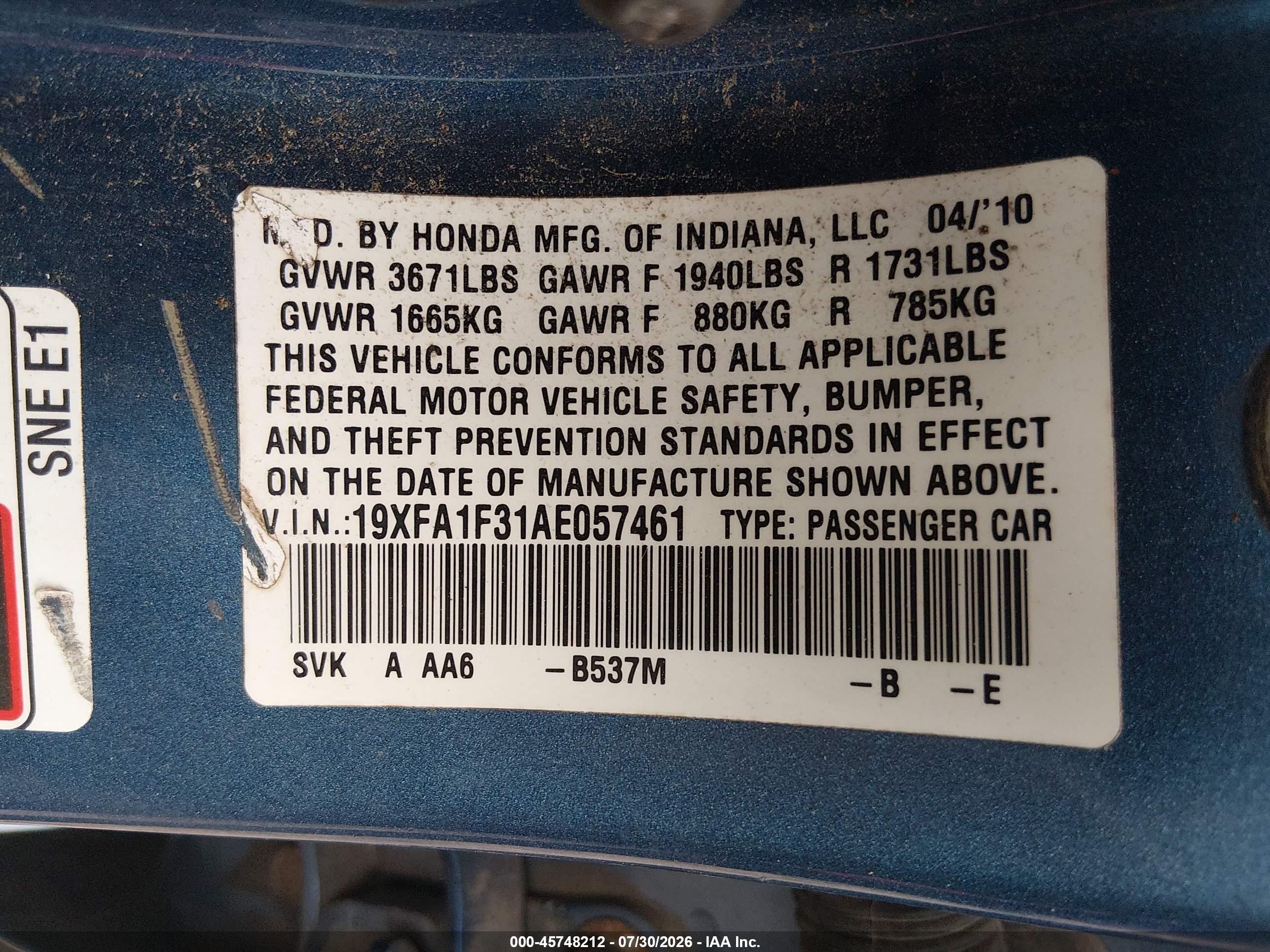 2010 Honda Civic Vp Blue vin: 19XFA1F31AE057461
