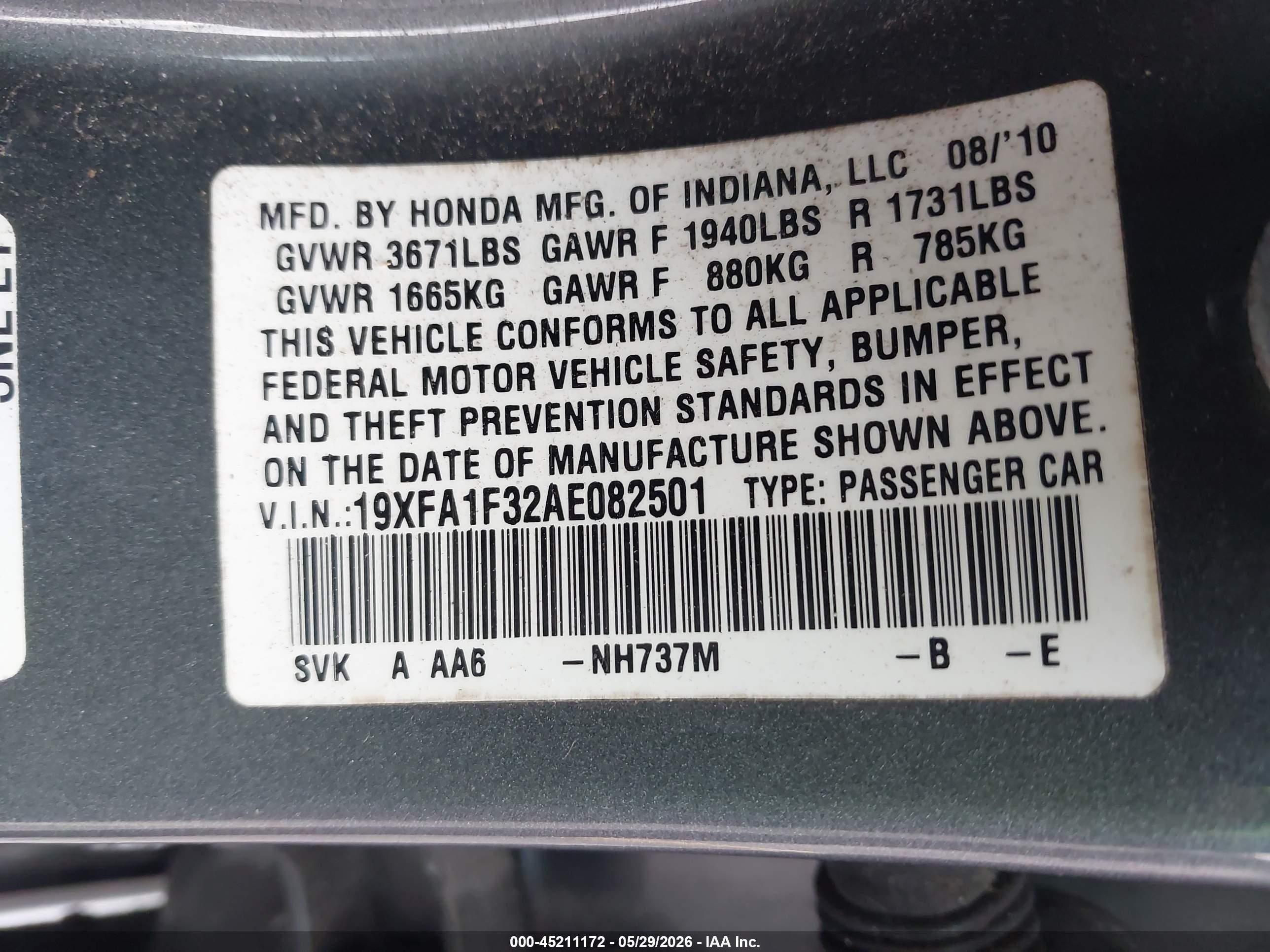 2010 Honda Civic Vp Gray vin: 19XFA1F32AE082501