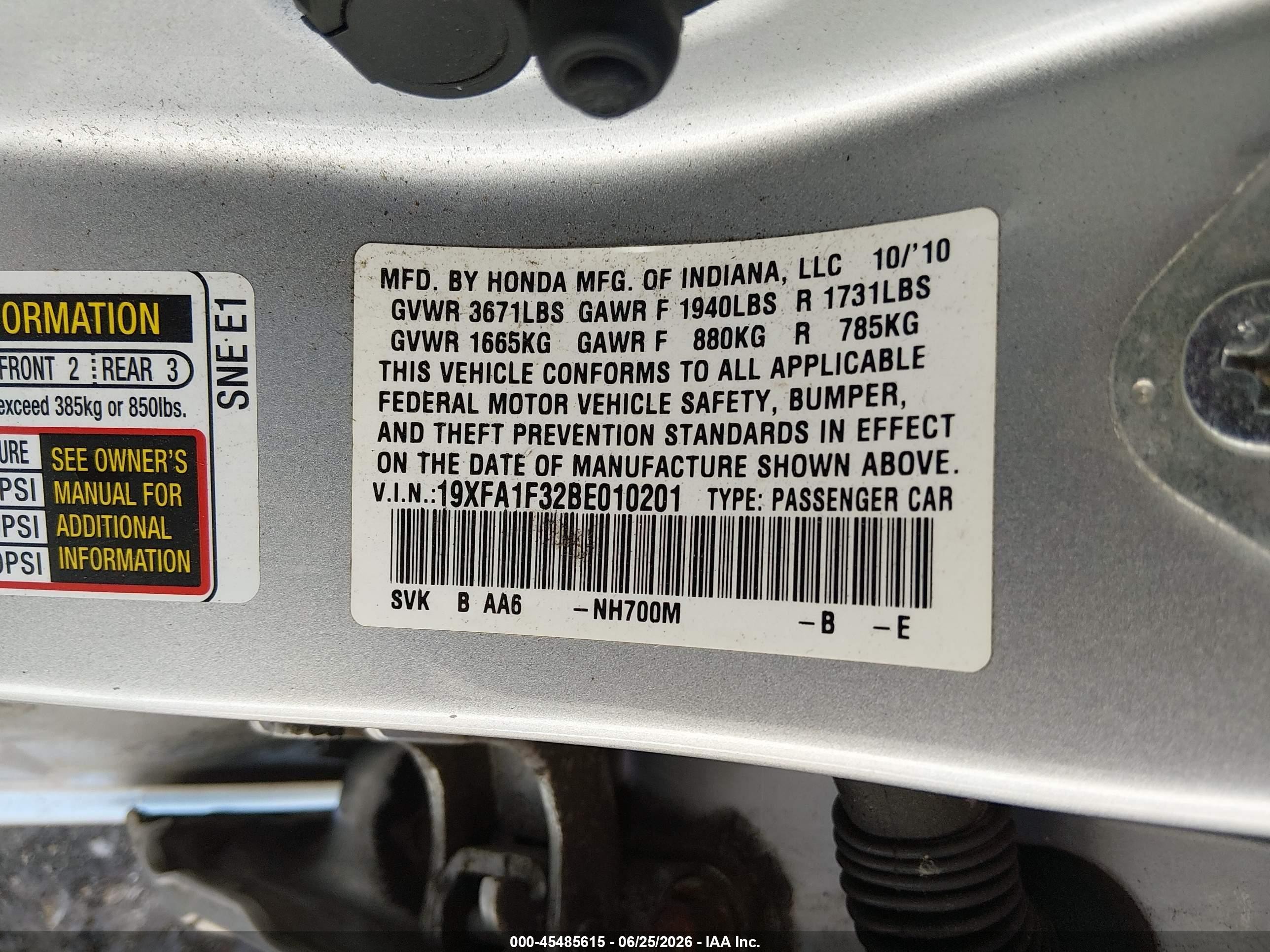 2011 Honda Civic Vp Silver vin: 19XFA1F32BE010201