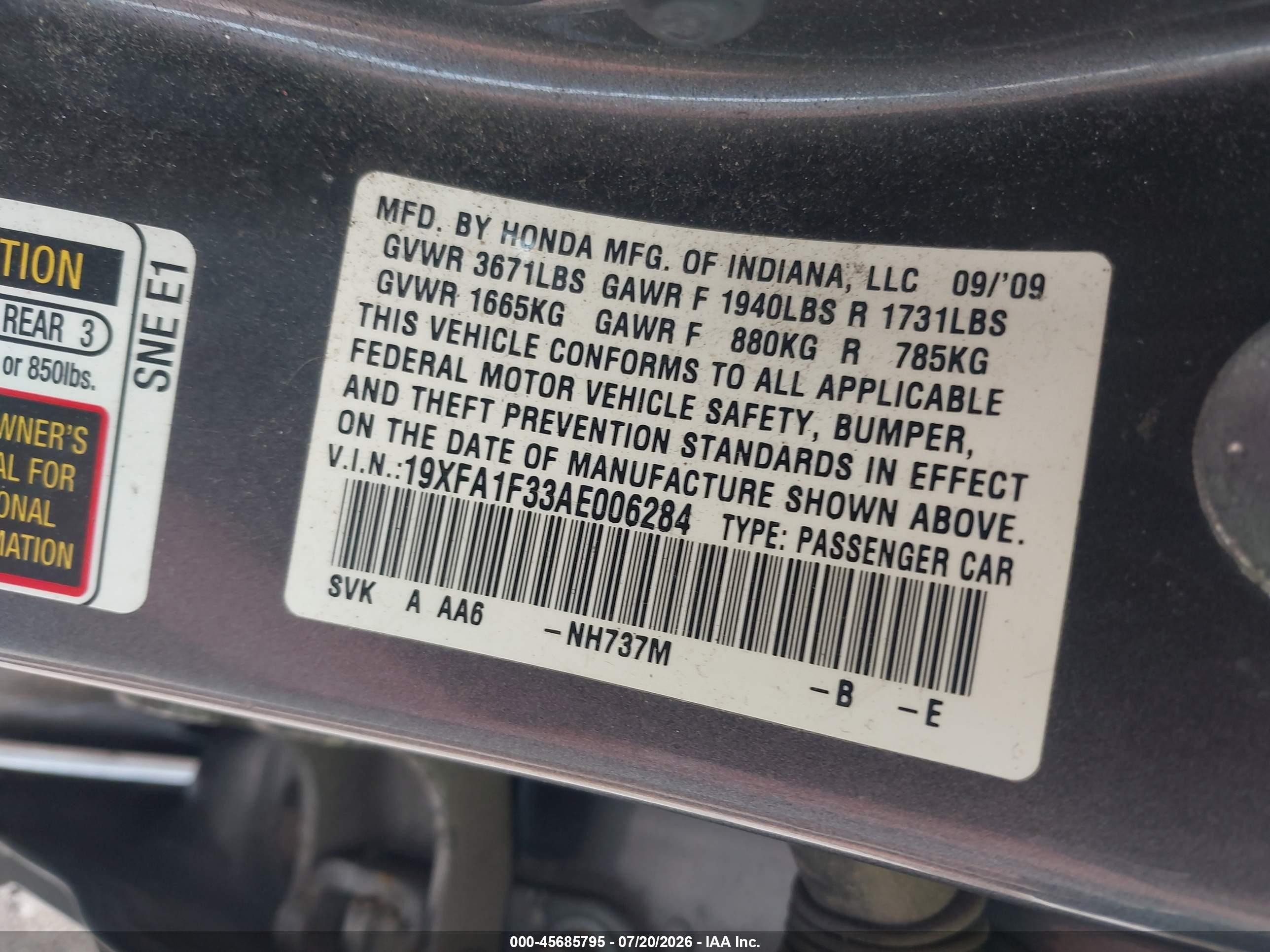 2010 Honda Civic Vp Gray vin: 19XFA1F33AE006284