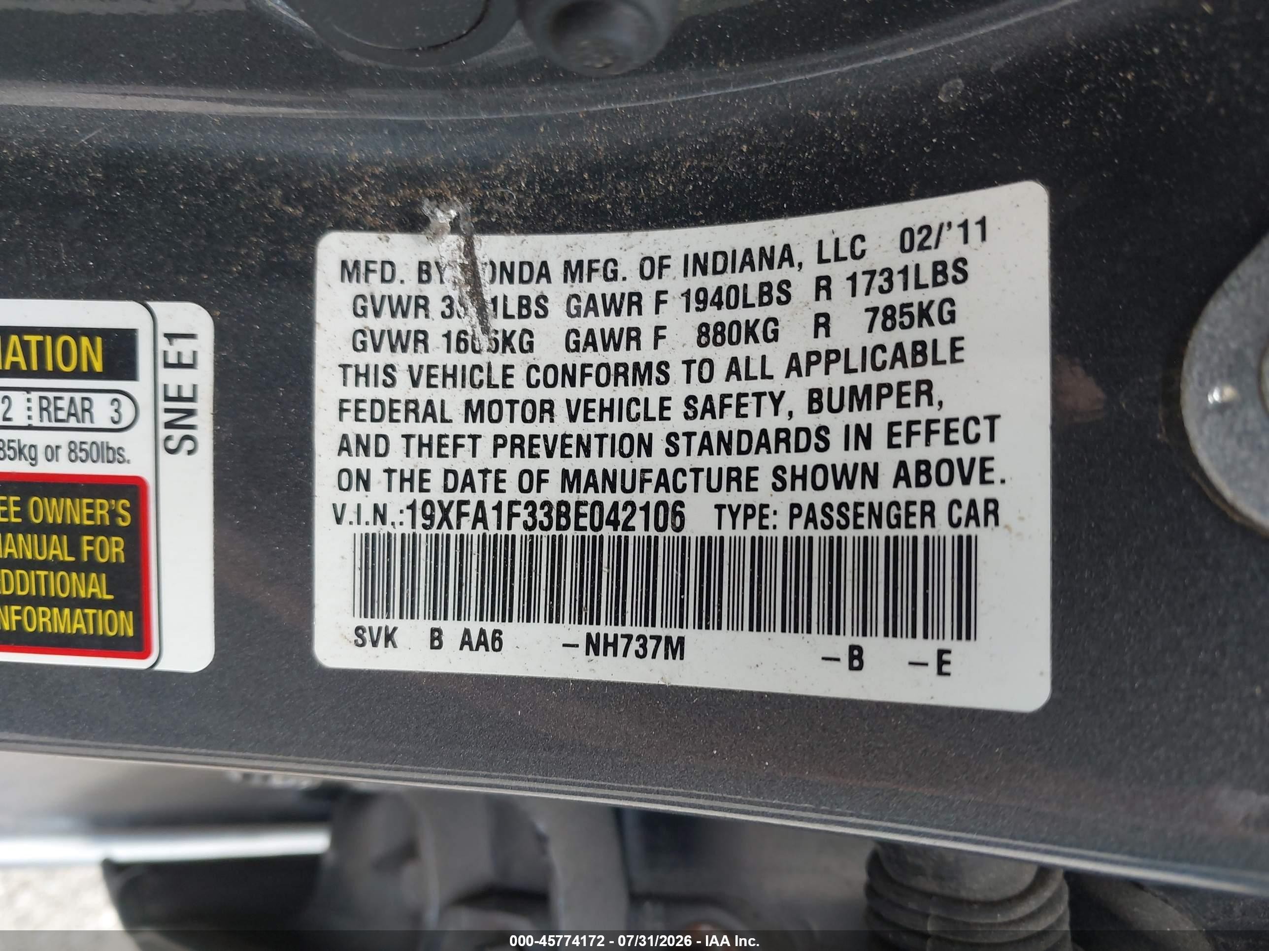 2011 Honda Civic Vp vin: 19XFA1F33BE042106