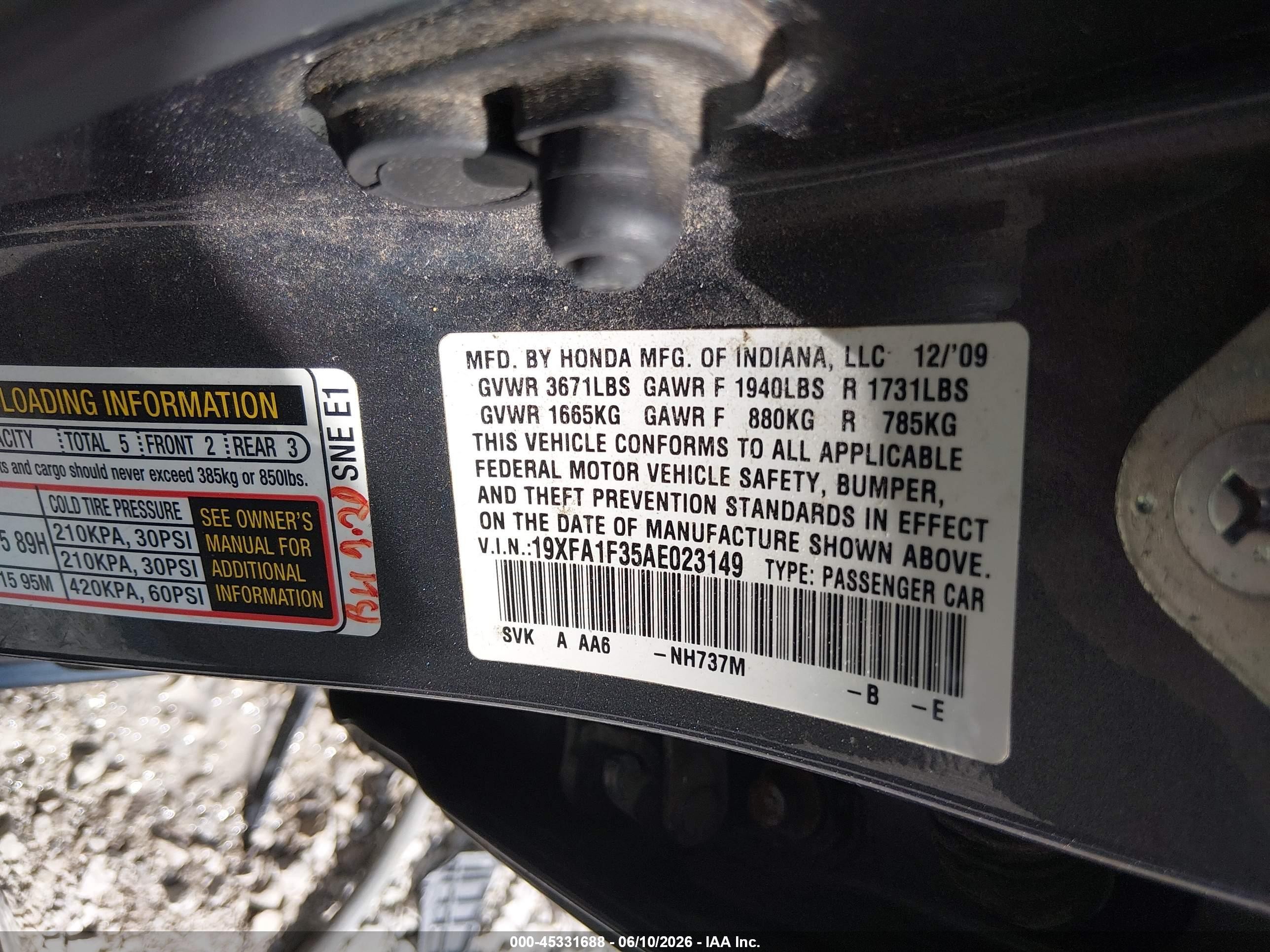 2010 Honda Civic Vp Gray vin: 19XFA1F35AE023149