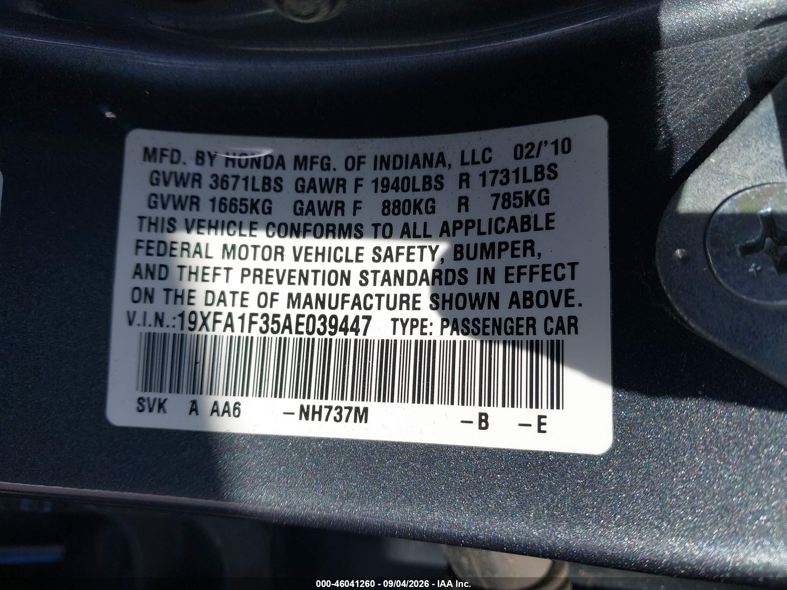 2010 Honda Civic Vp Gray vin: 19XFA1F35AE039447