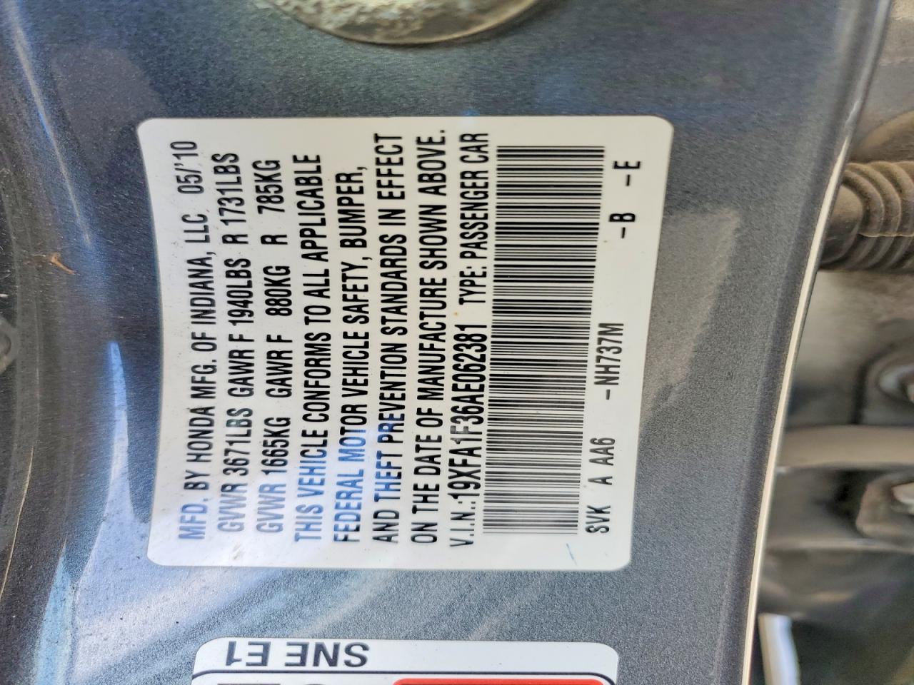 2010 Honda Civic Vp Gray vin: 19XFA1F36AE062381