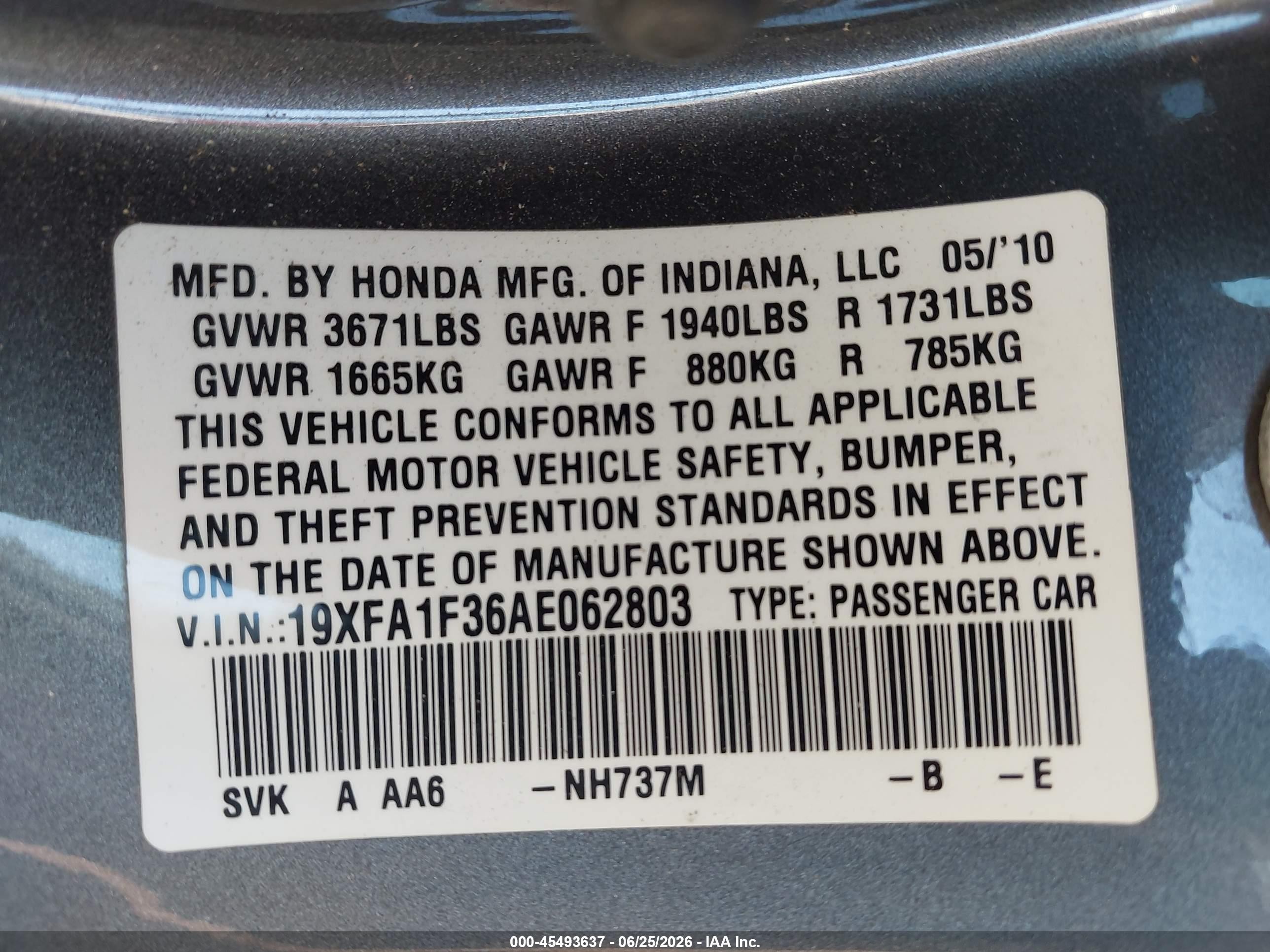 2010 Honda Civic Vp Gray vin: 19XFA1F36AE062803