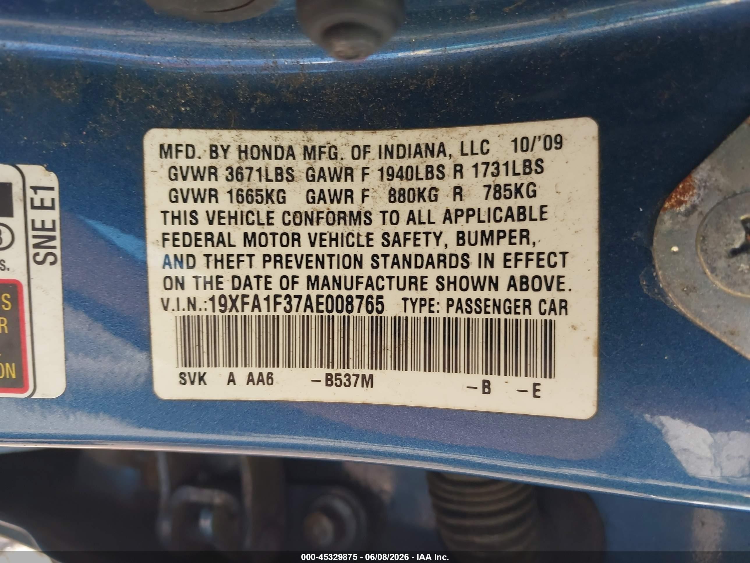 2010 Honda Civic Vp Blue vin: 19XFA1F37AE008765