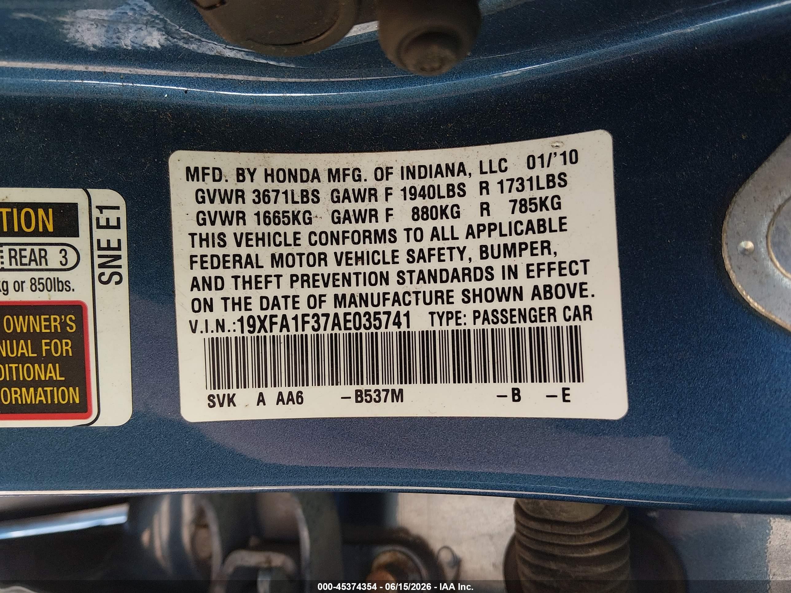 2010 Honda Civic Vp Blue vin: 19XFA1F37AE035741