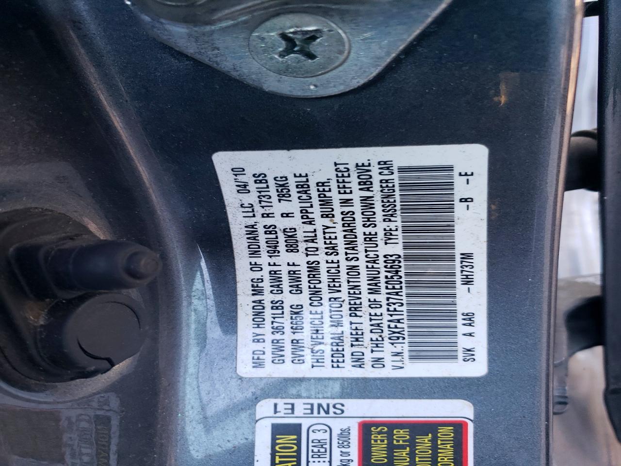 2010 Honda Civic Vp Серый vin: 19XFA1F37AE054693