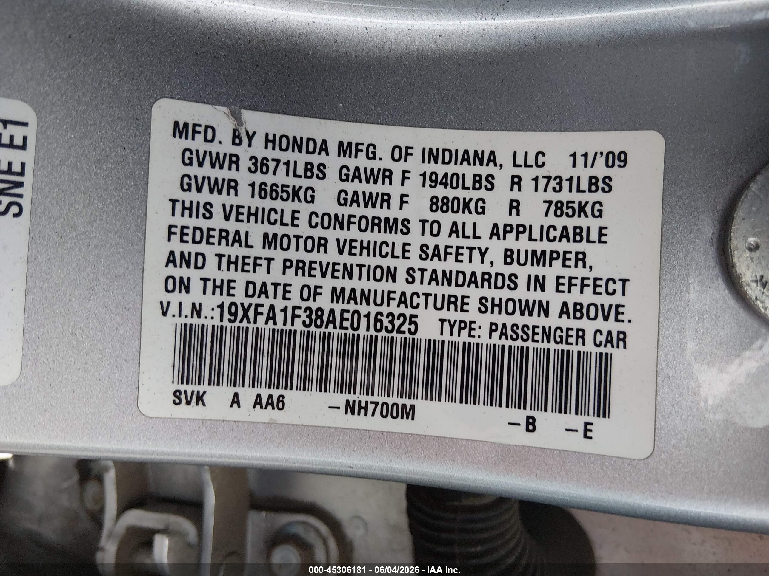 2010 Honda Civic Vp Gray vin: 19XFA1F38AE016325