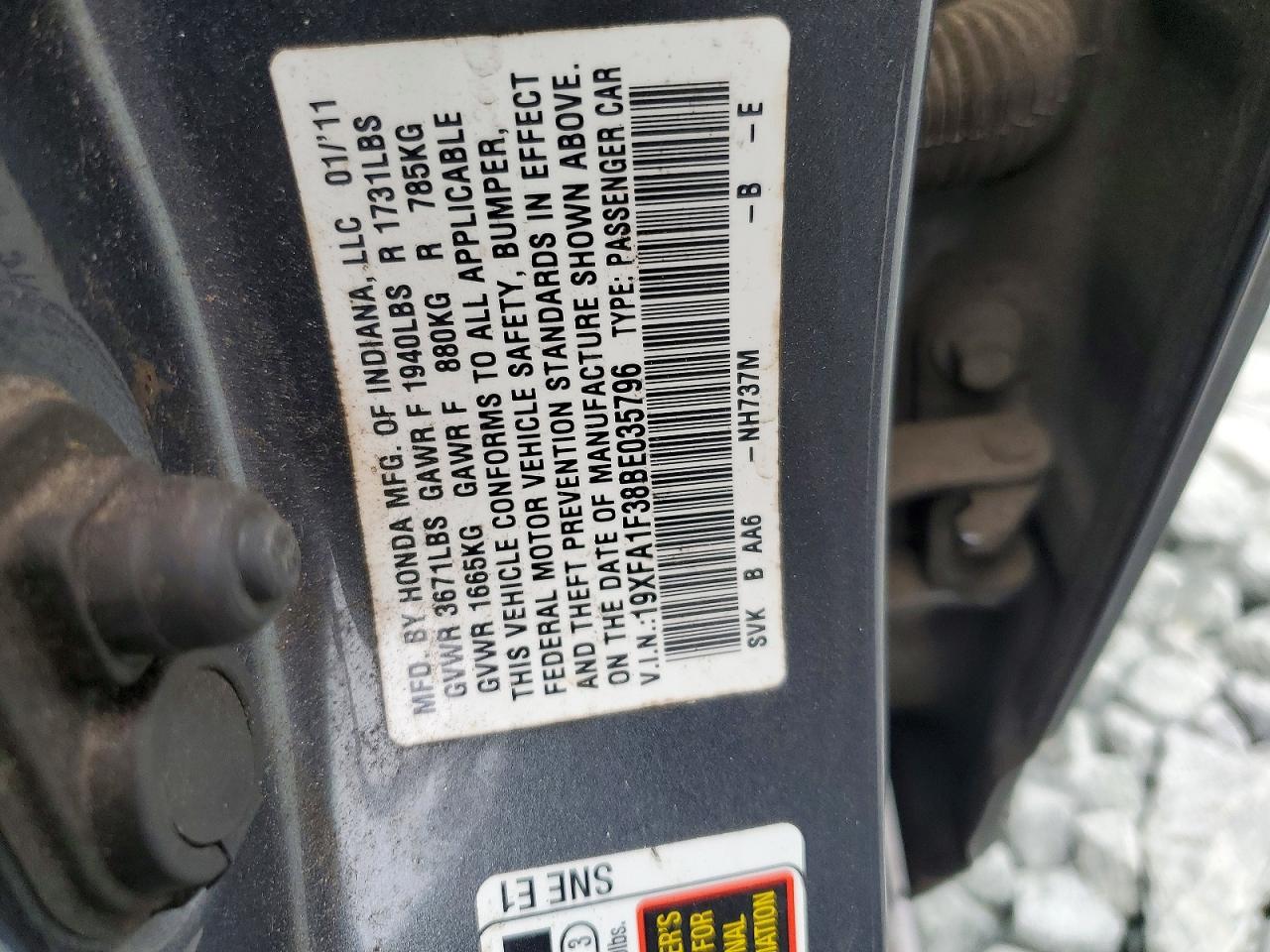 2011 Honda Civic Vp Gray vin: 19XFA1F38BE035796