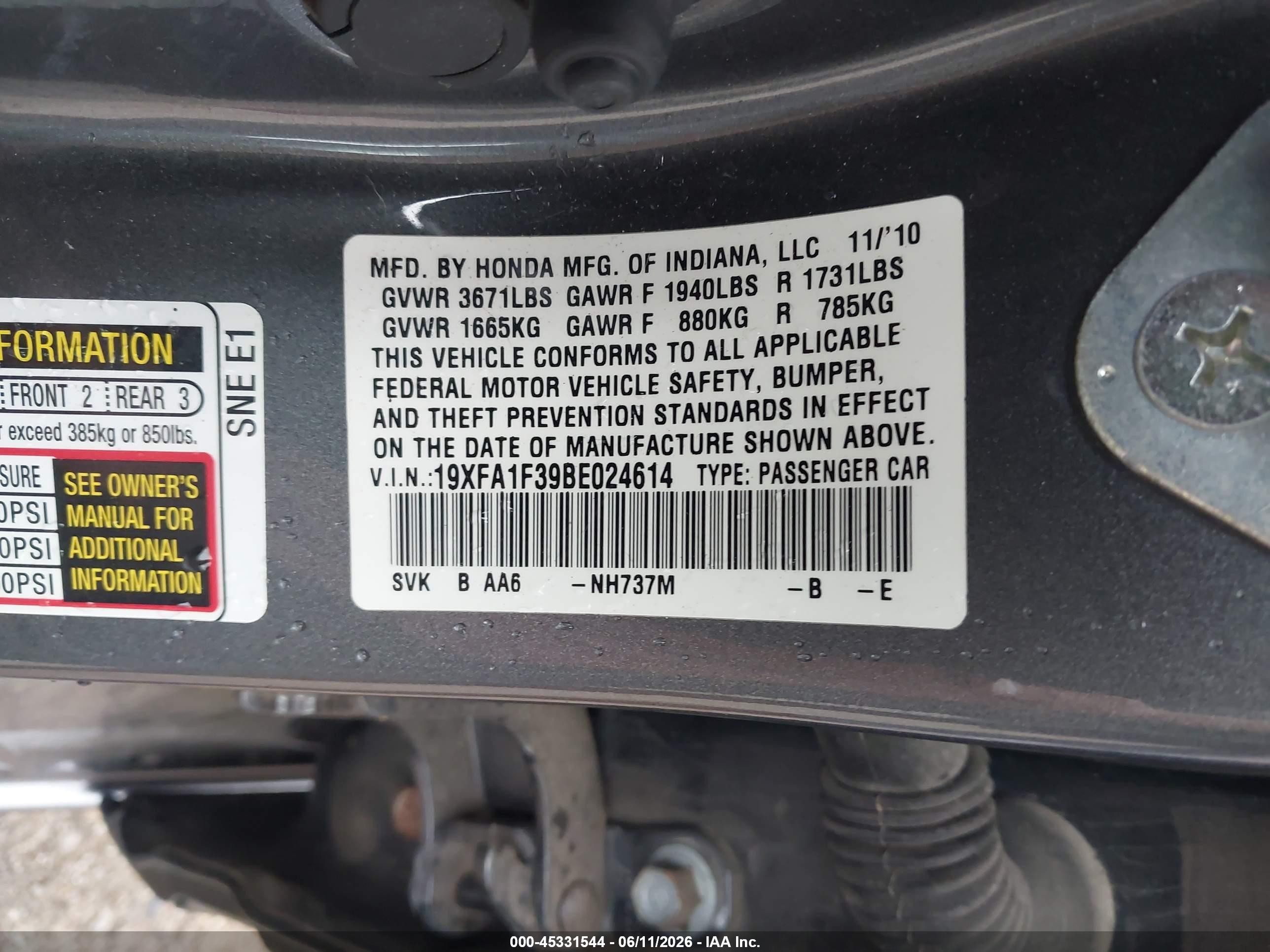 2011 Honda Civic Vp Gray vin: 19XFA1F39BE024614